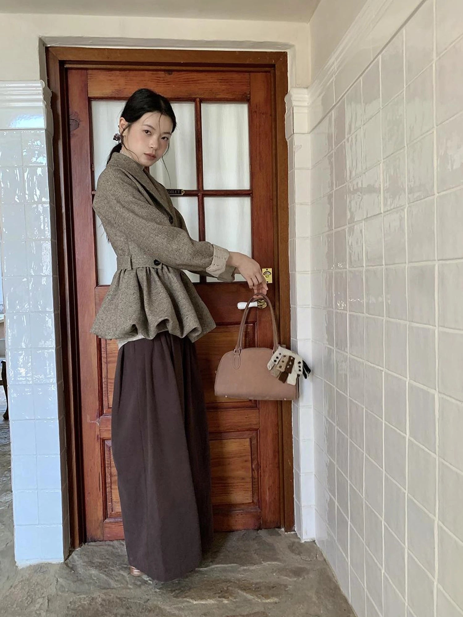 Textured Boucle Blazer With Waist Tie