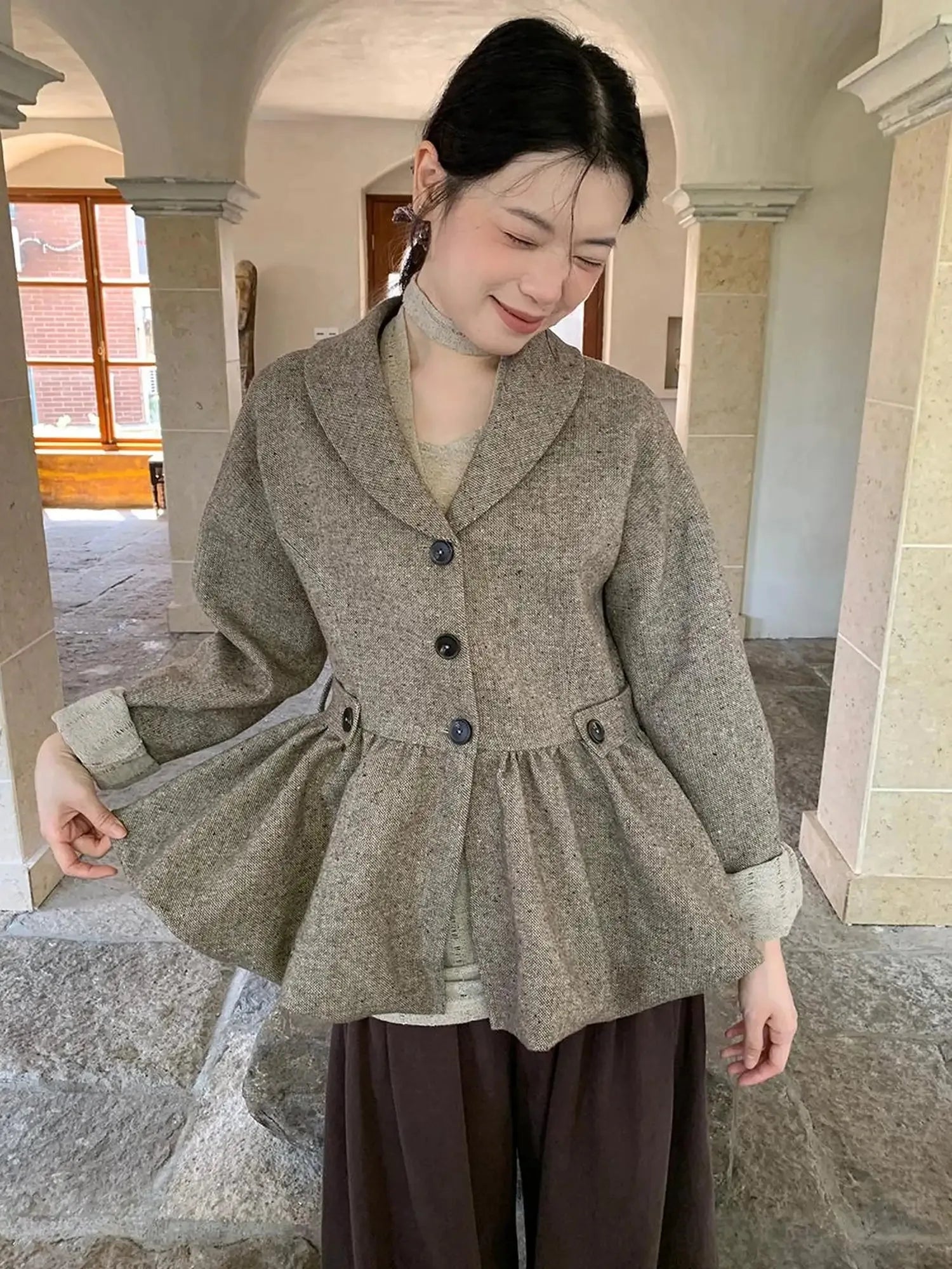 Textured Boucle Blazer With Waist Tie