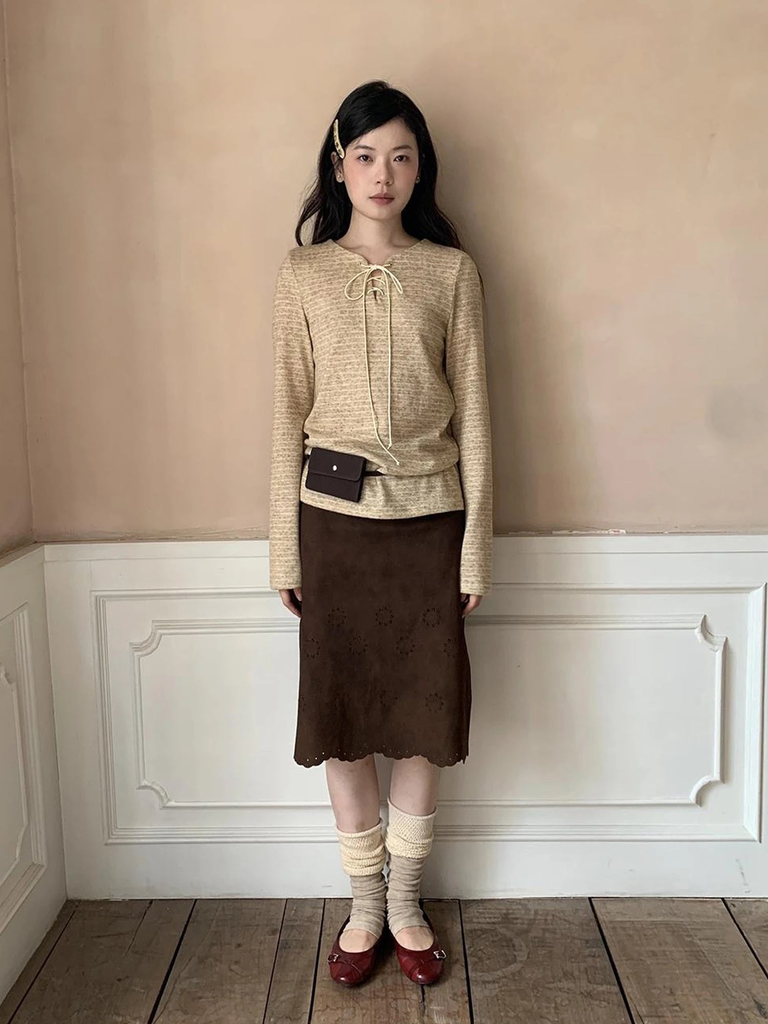 Textured Hollow Wave Hem A Line Skirt