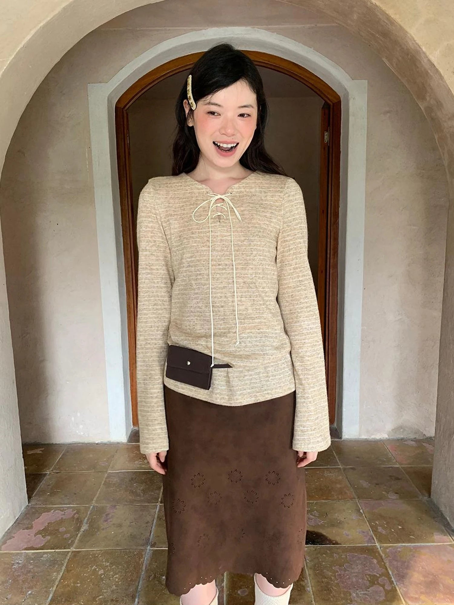 Textured Hollow Wave Hem A Line Skirt