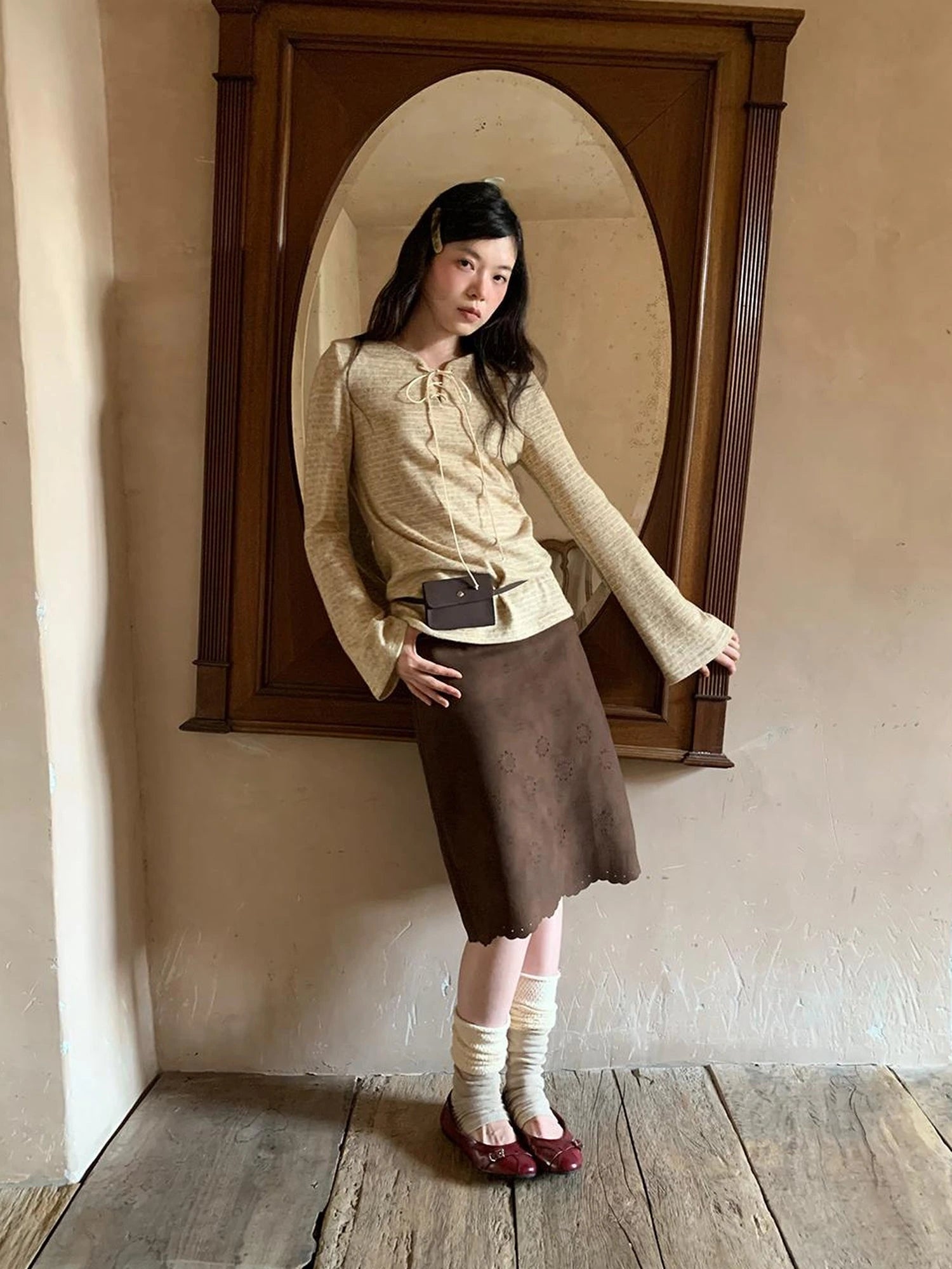 Textured Hollow Wave Hem A Line Skirt