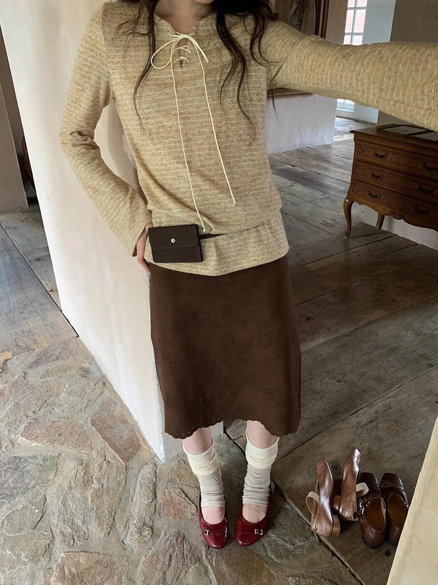 Textured Hollow Wave Hem A Line Skirt