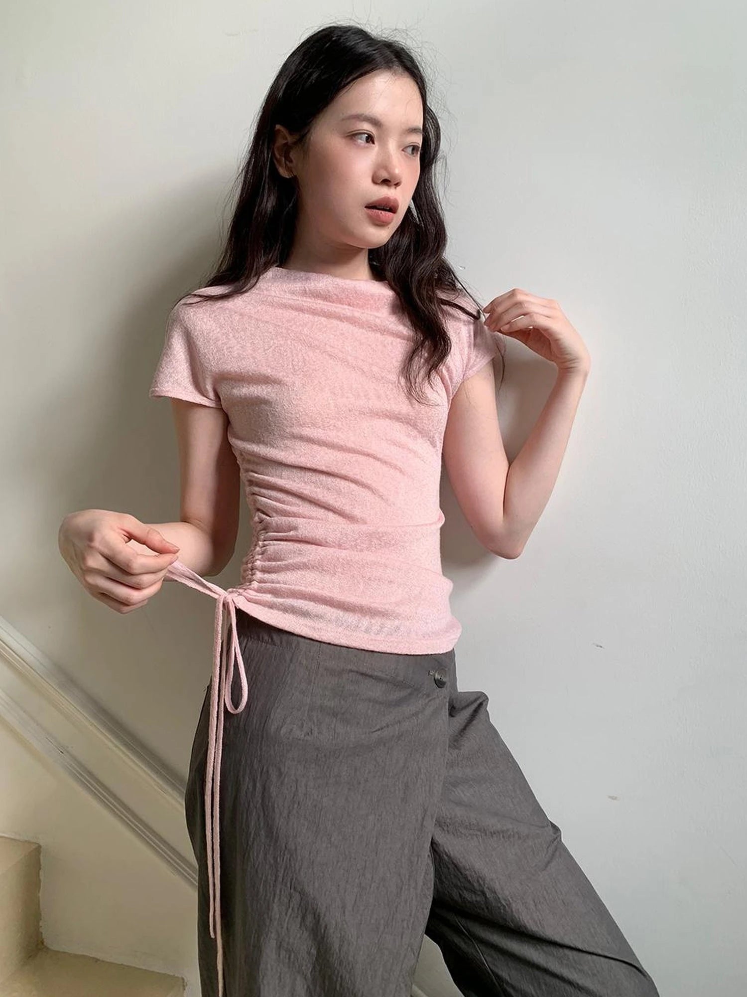 Textured Shoulder Drawstring Tee