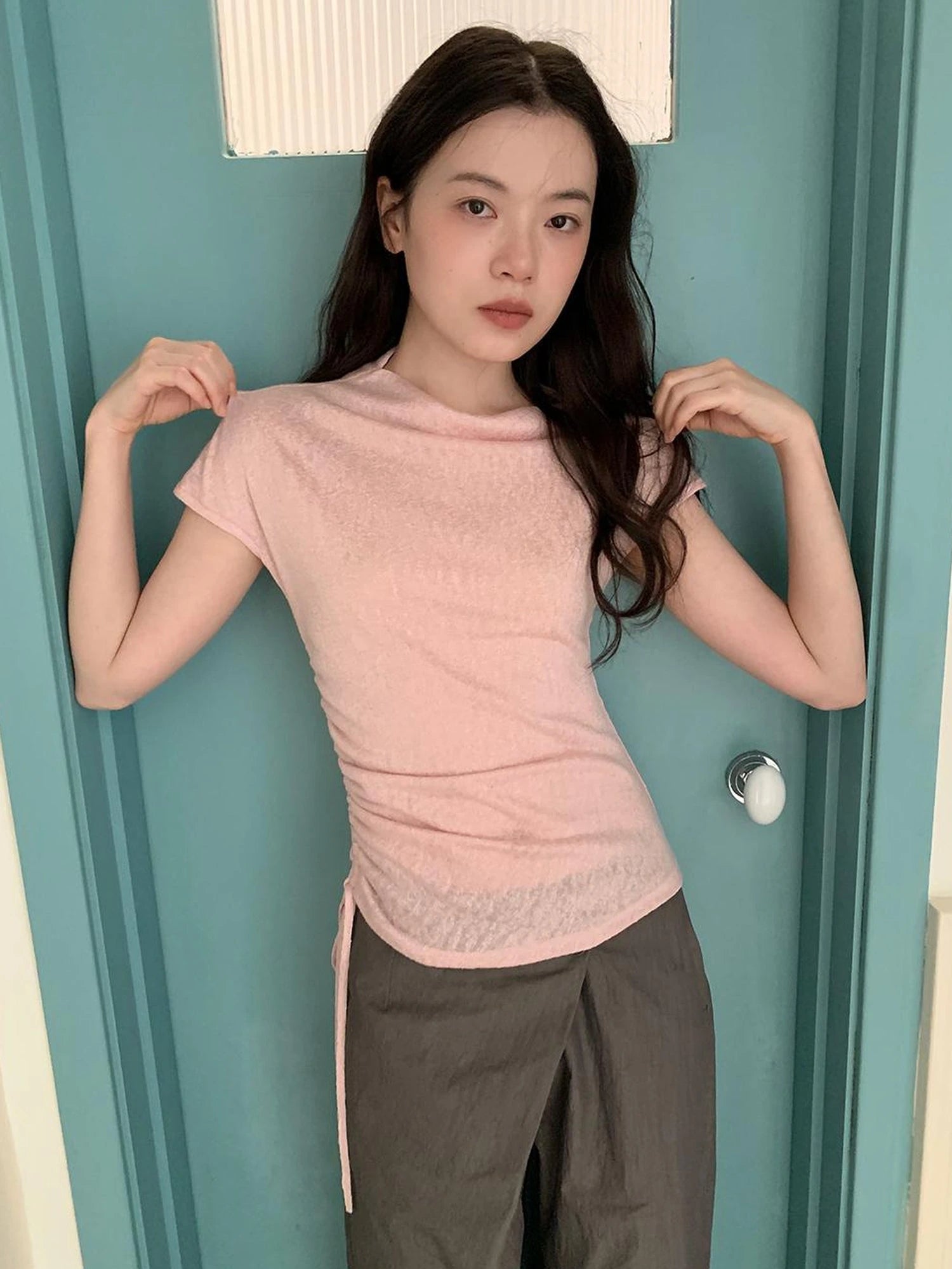 Textured Shoulder Drawstring Tee