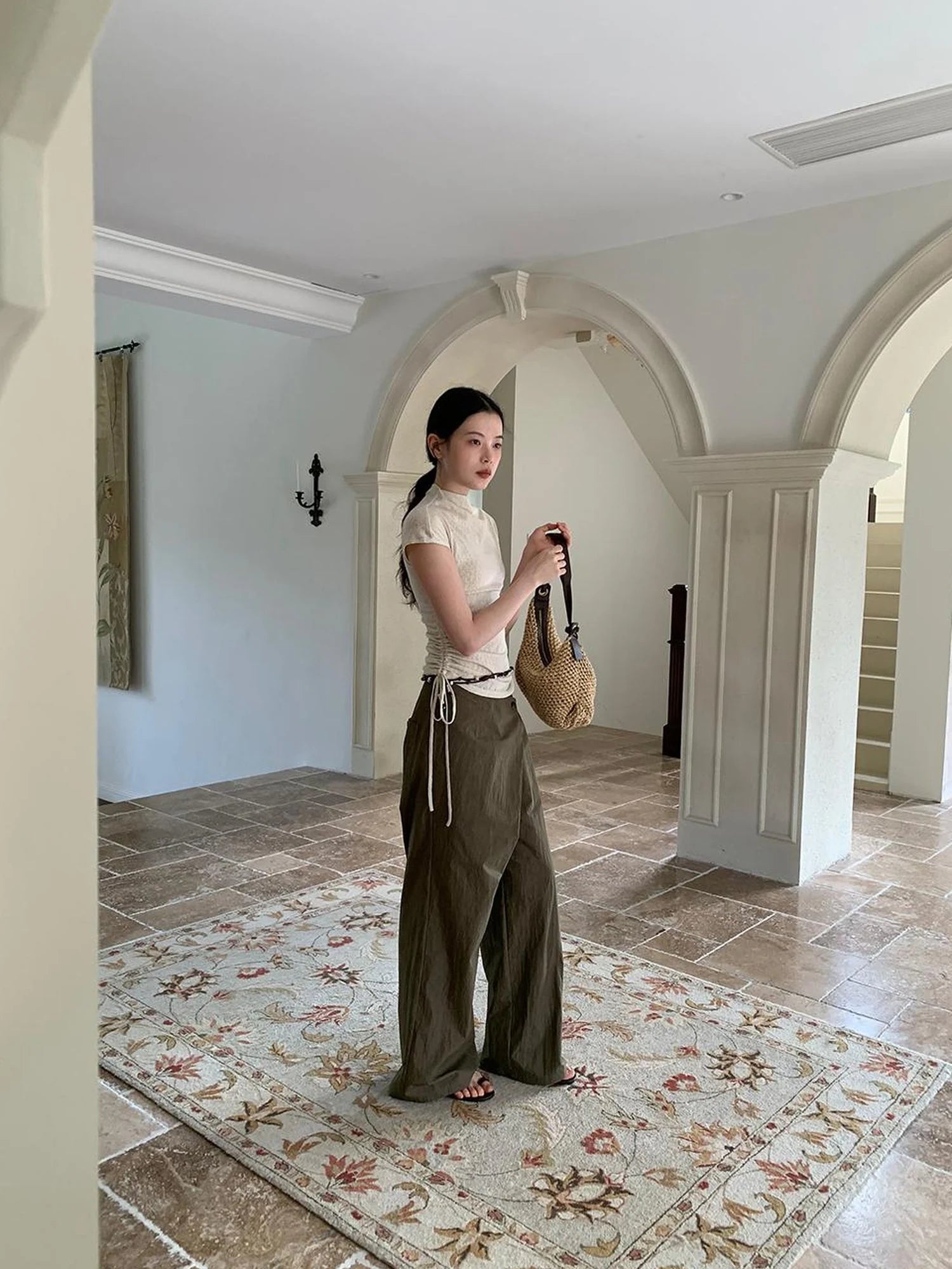 Textured Shoulder Drawstring Tee