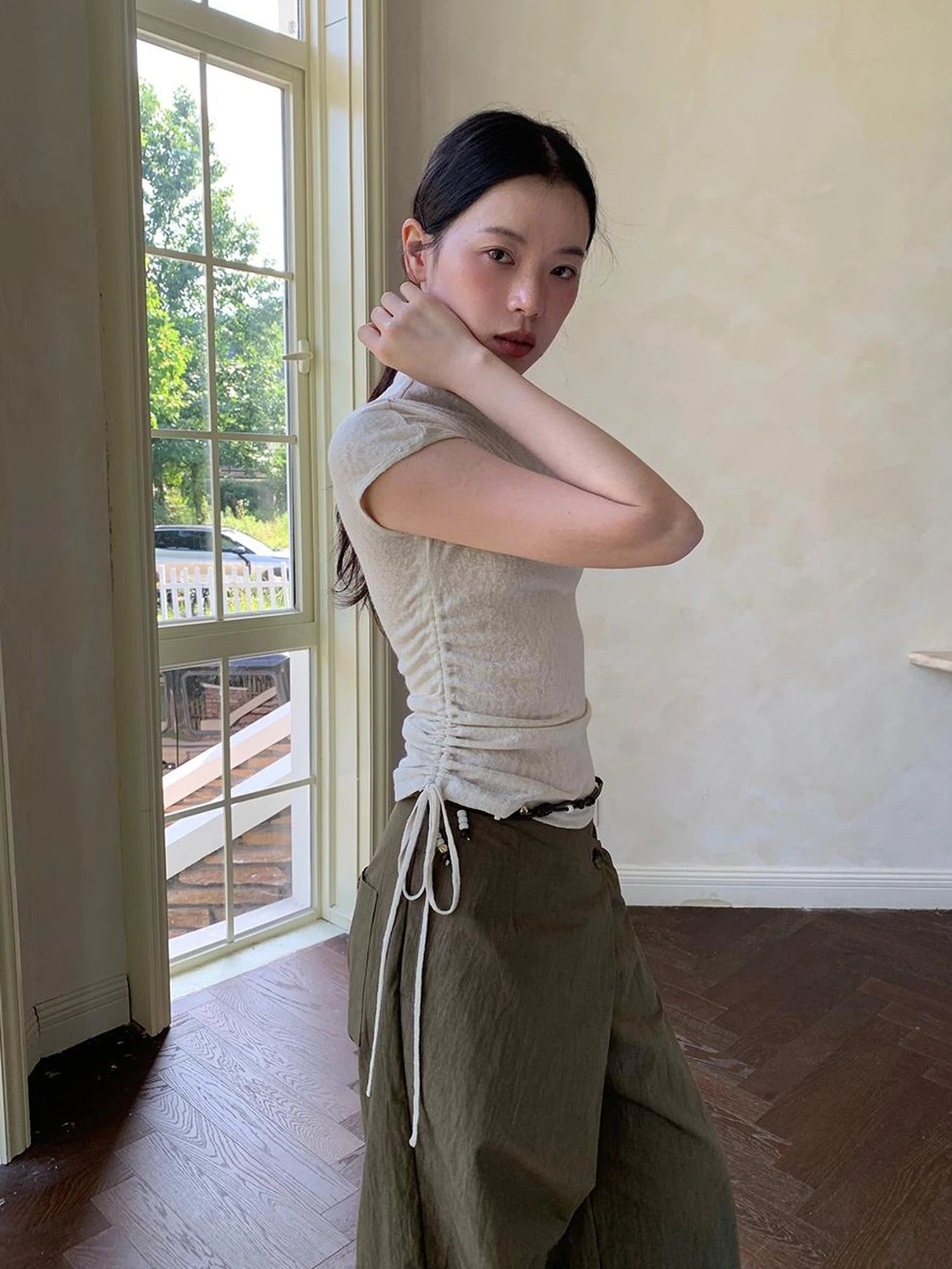 Textured Shoulder Drawstring Tee