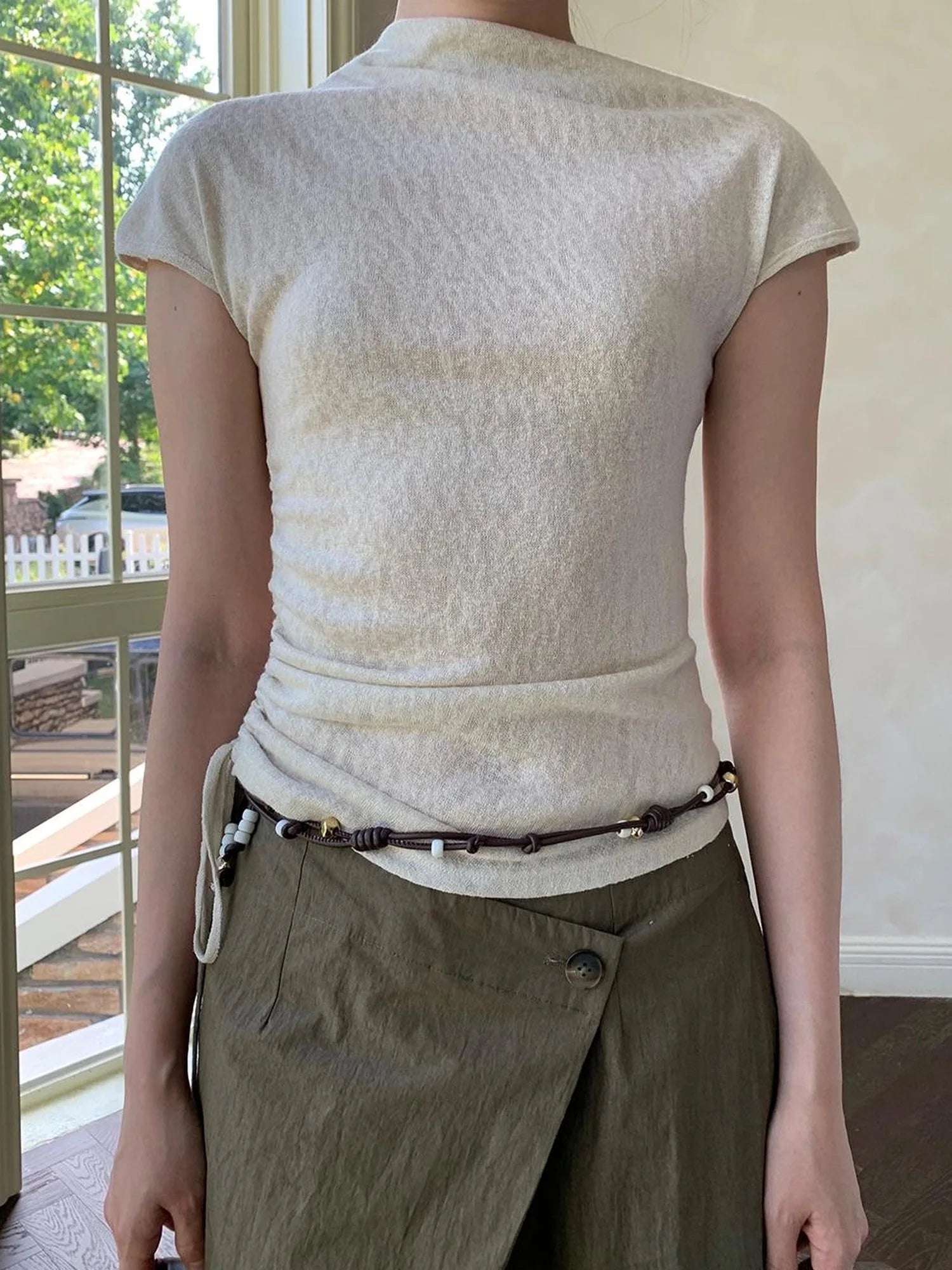 Textured Shoulder Drawstring Tee