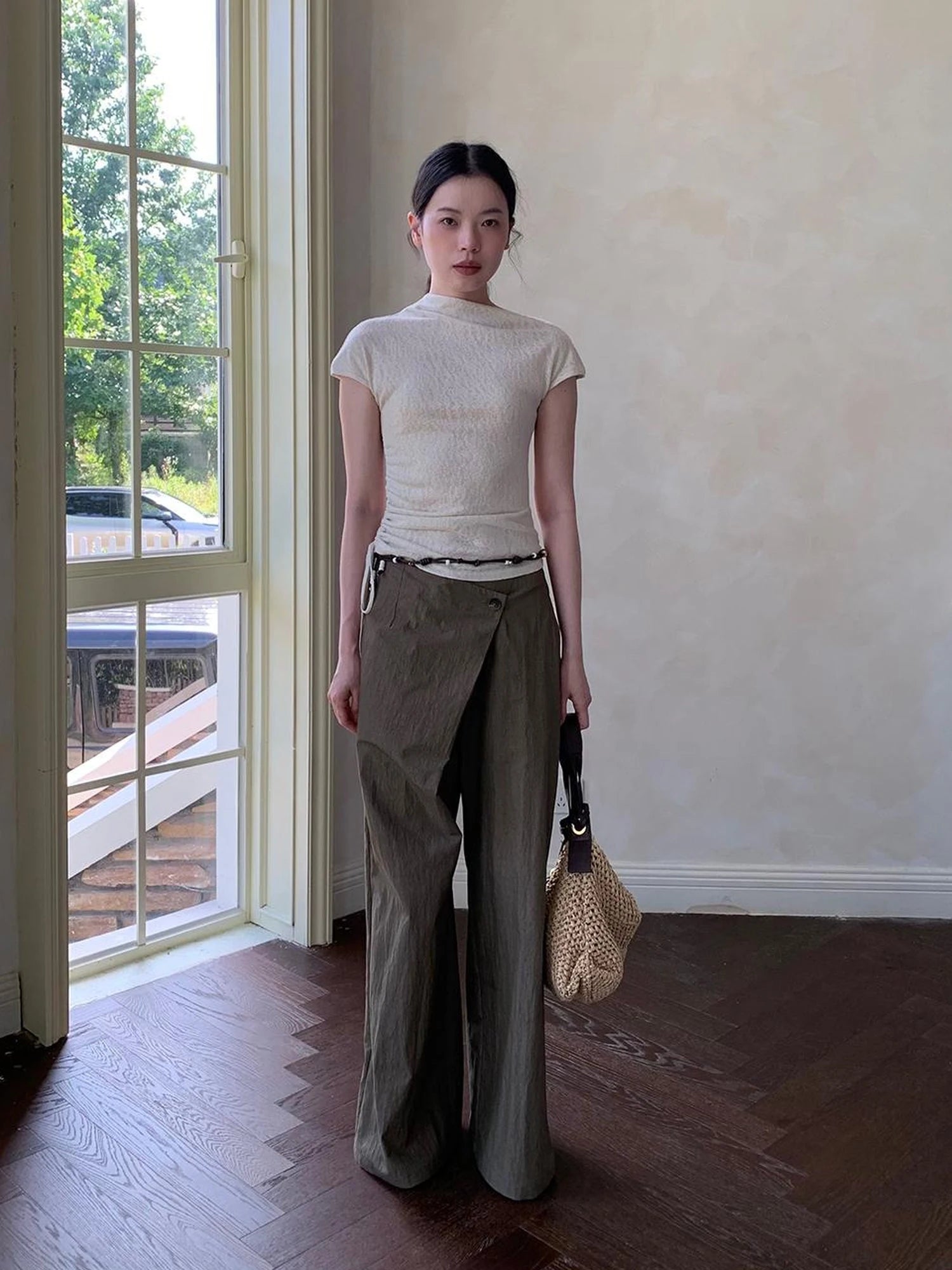 Textured Shoulder Drawstring Tee