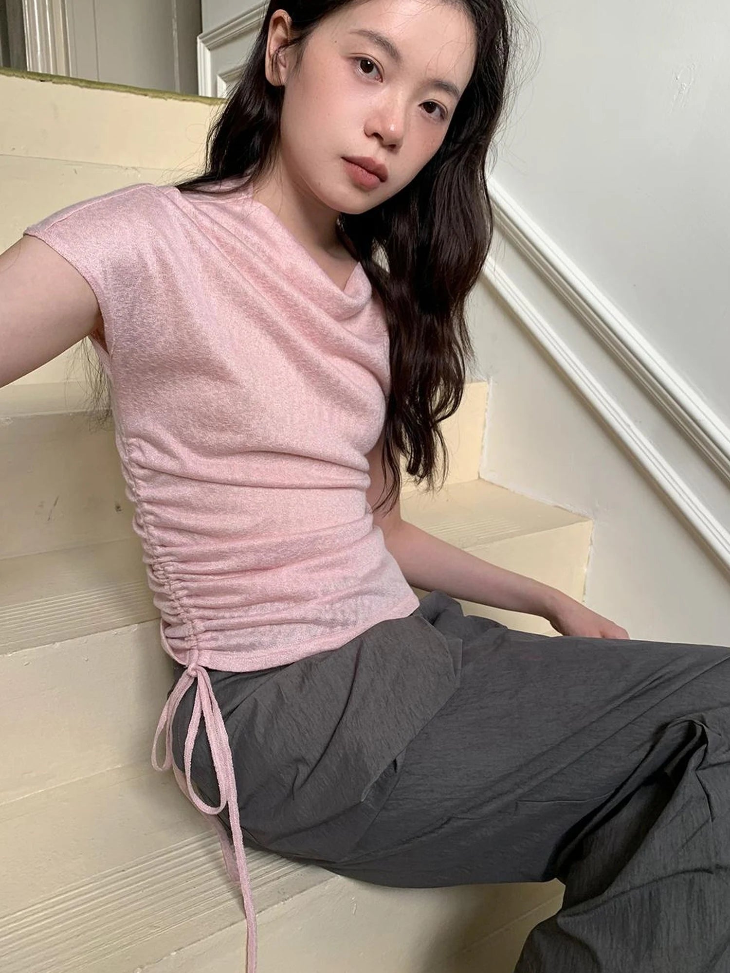 Textured Shoulder Drawstring Tee