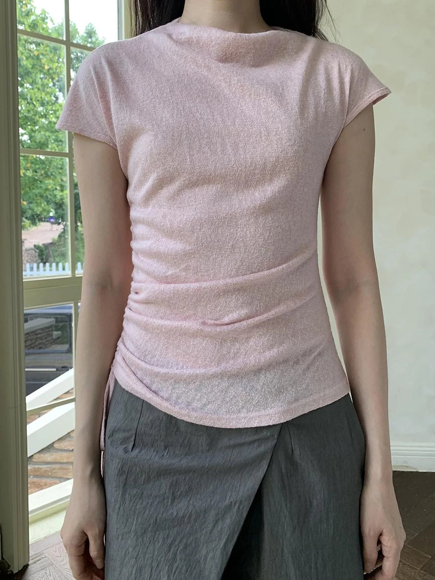 Textured Shoulder Drawstring Tee