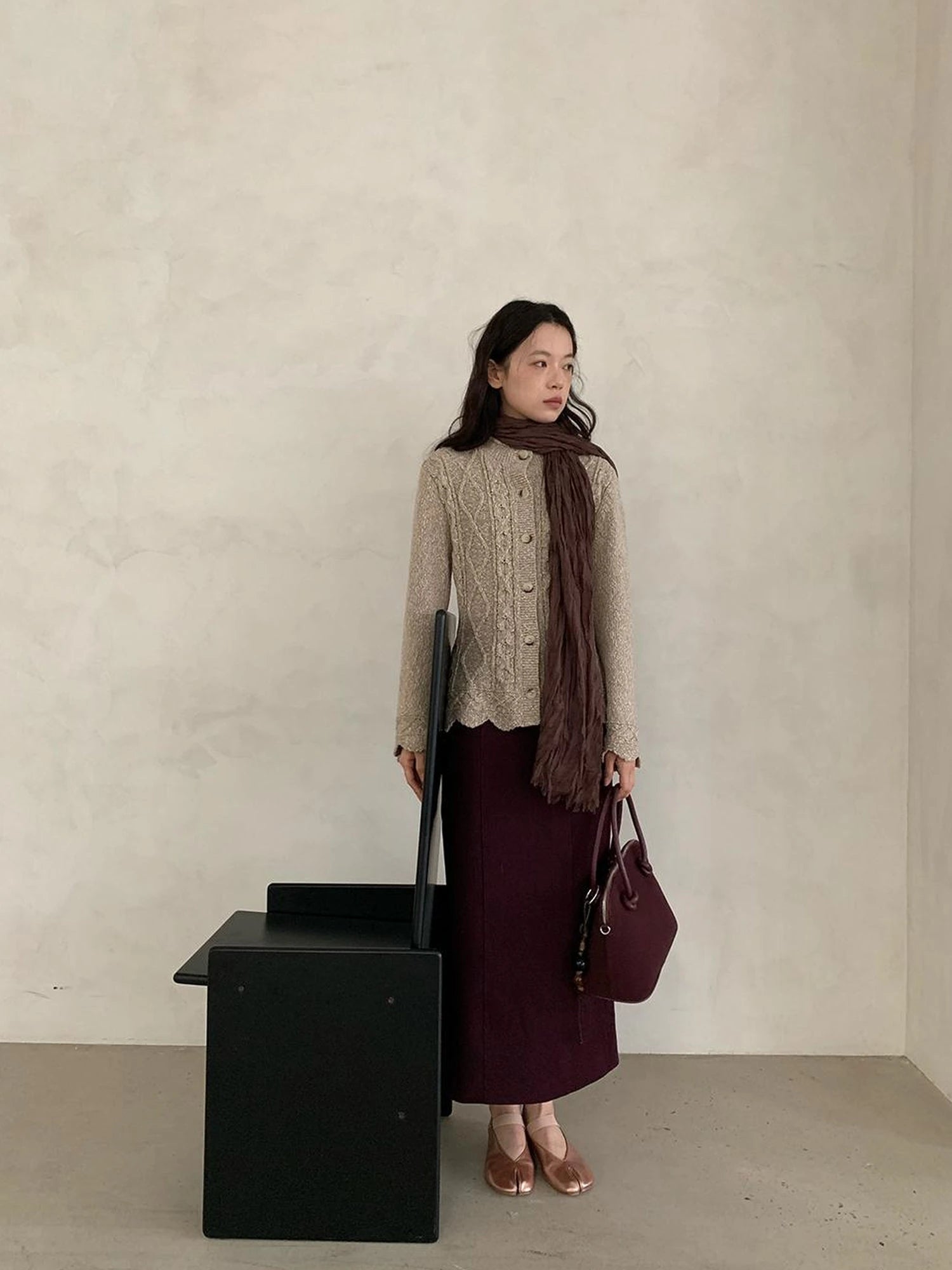 Textured Straight Mid Length Pencil Skirt In Garnet Red