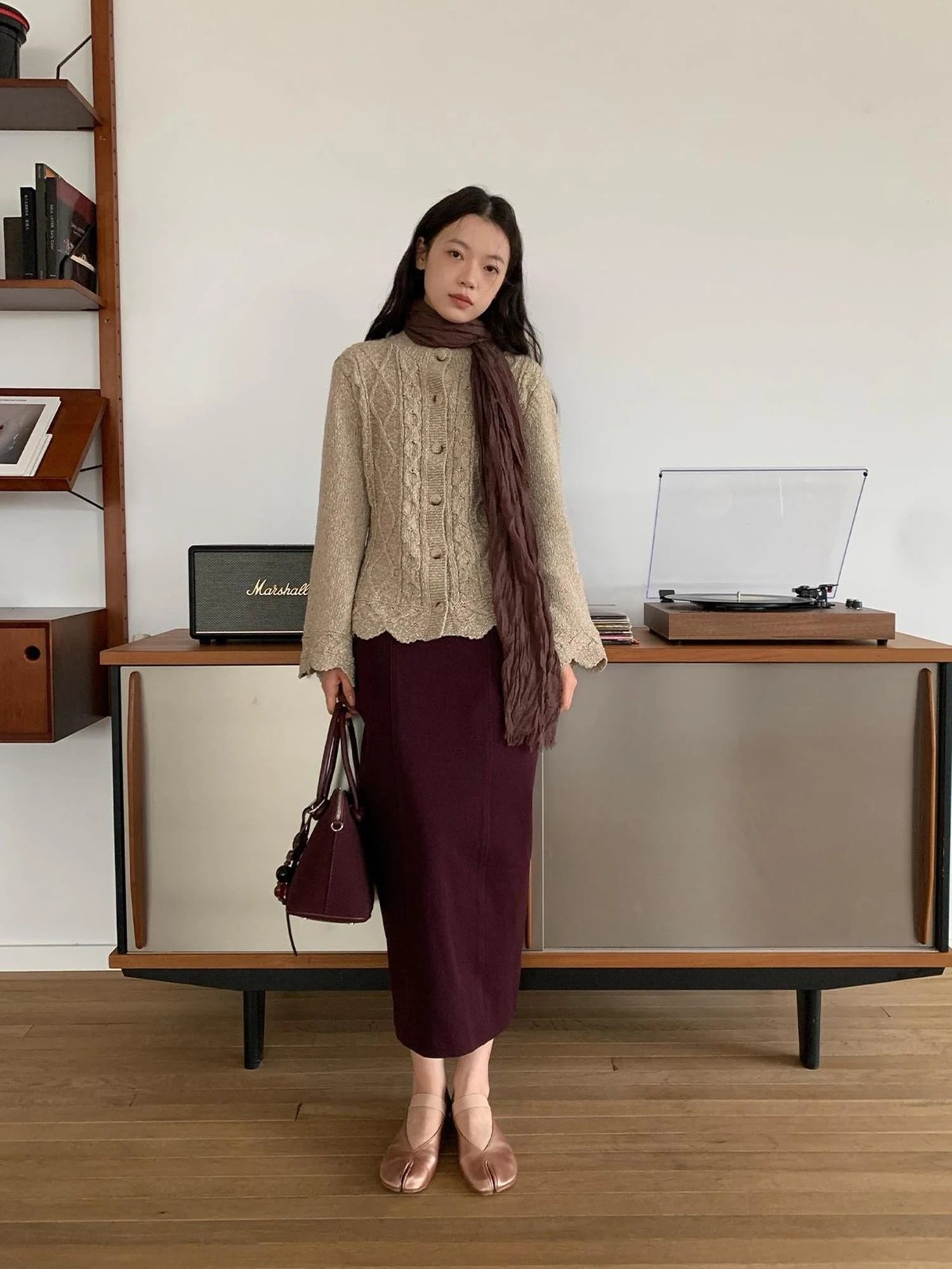 Textured Straight Mid Length Pencil Skirt In Garnet Red