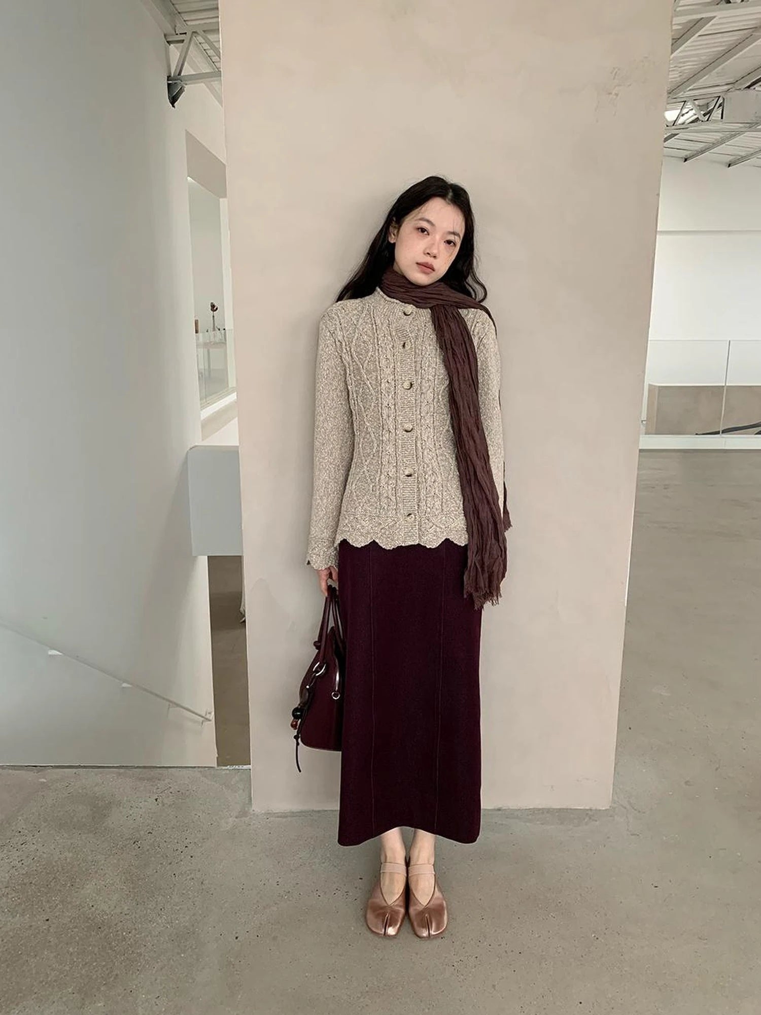 Textured Straight Mid Length Pencil Skirt In Garnet Red