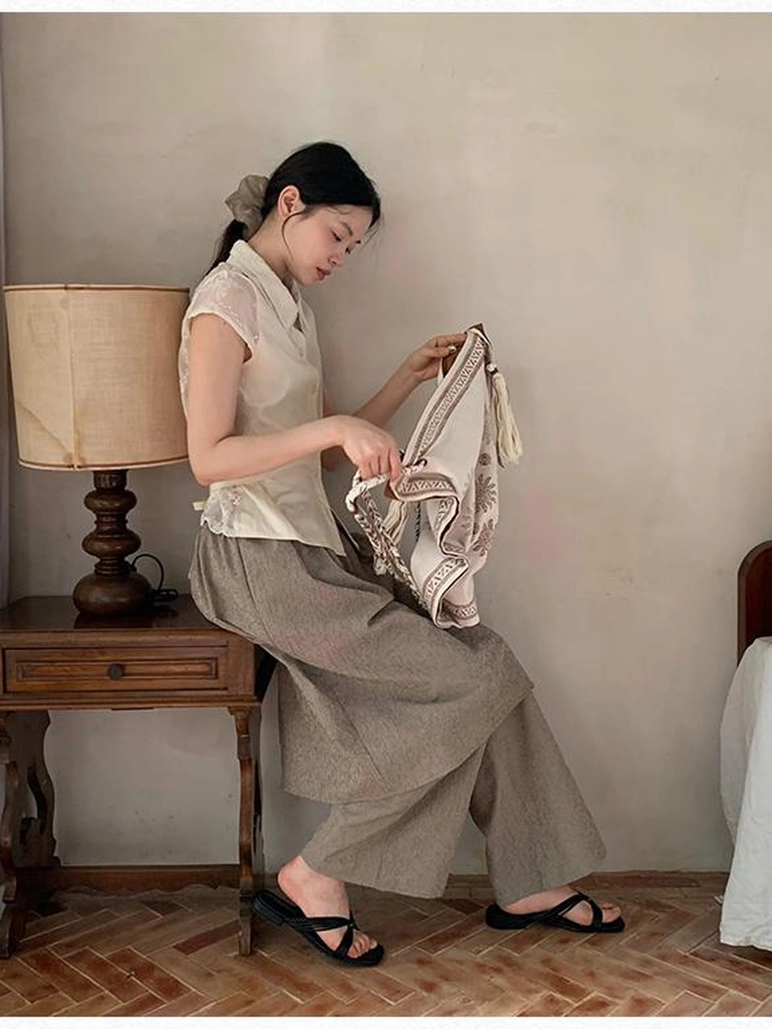 Textured Stripe Wide Leg Paper Feel Culottes