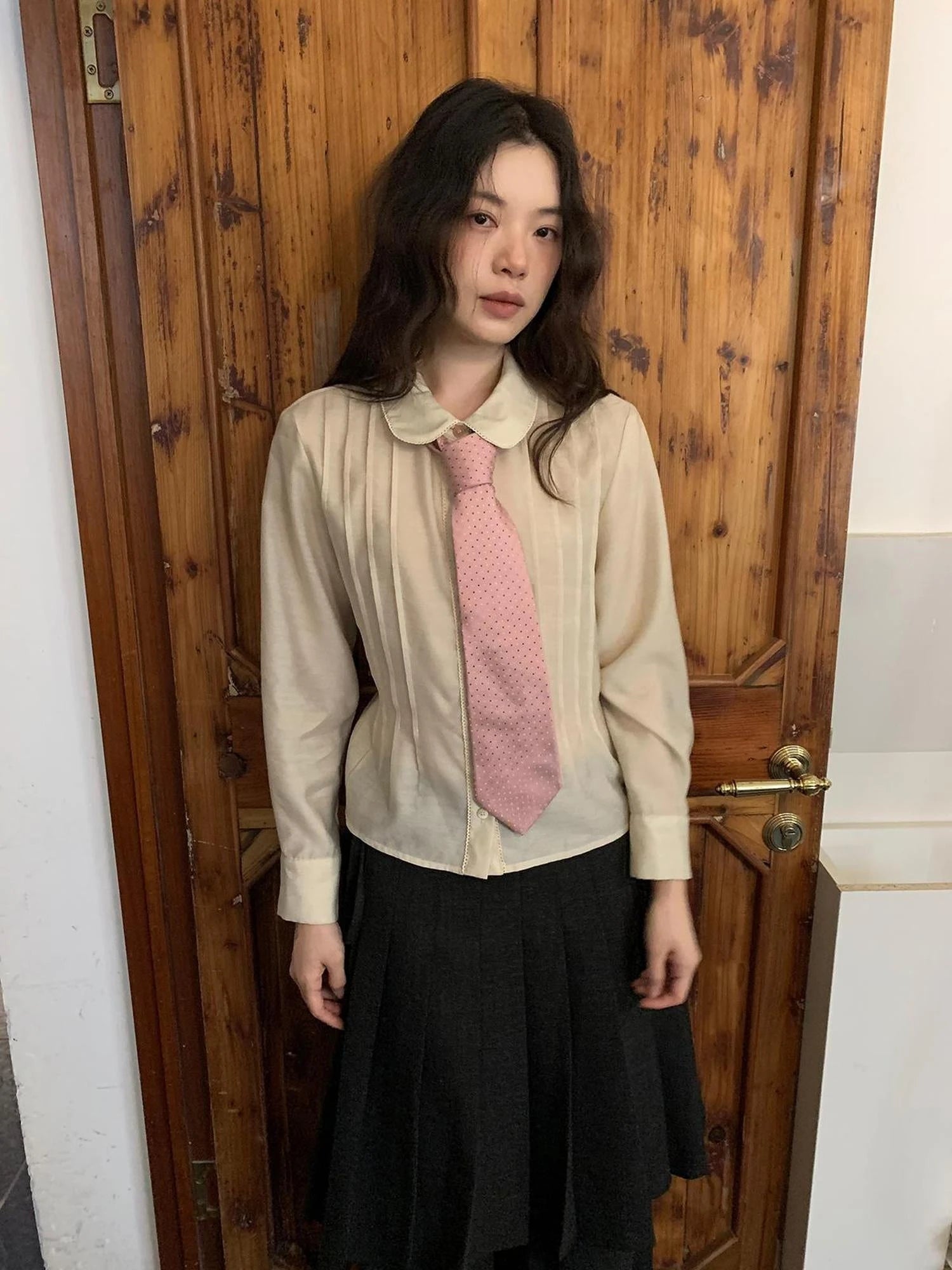 Textured Waist Defining Blouse With Peter Pan Collar