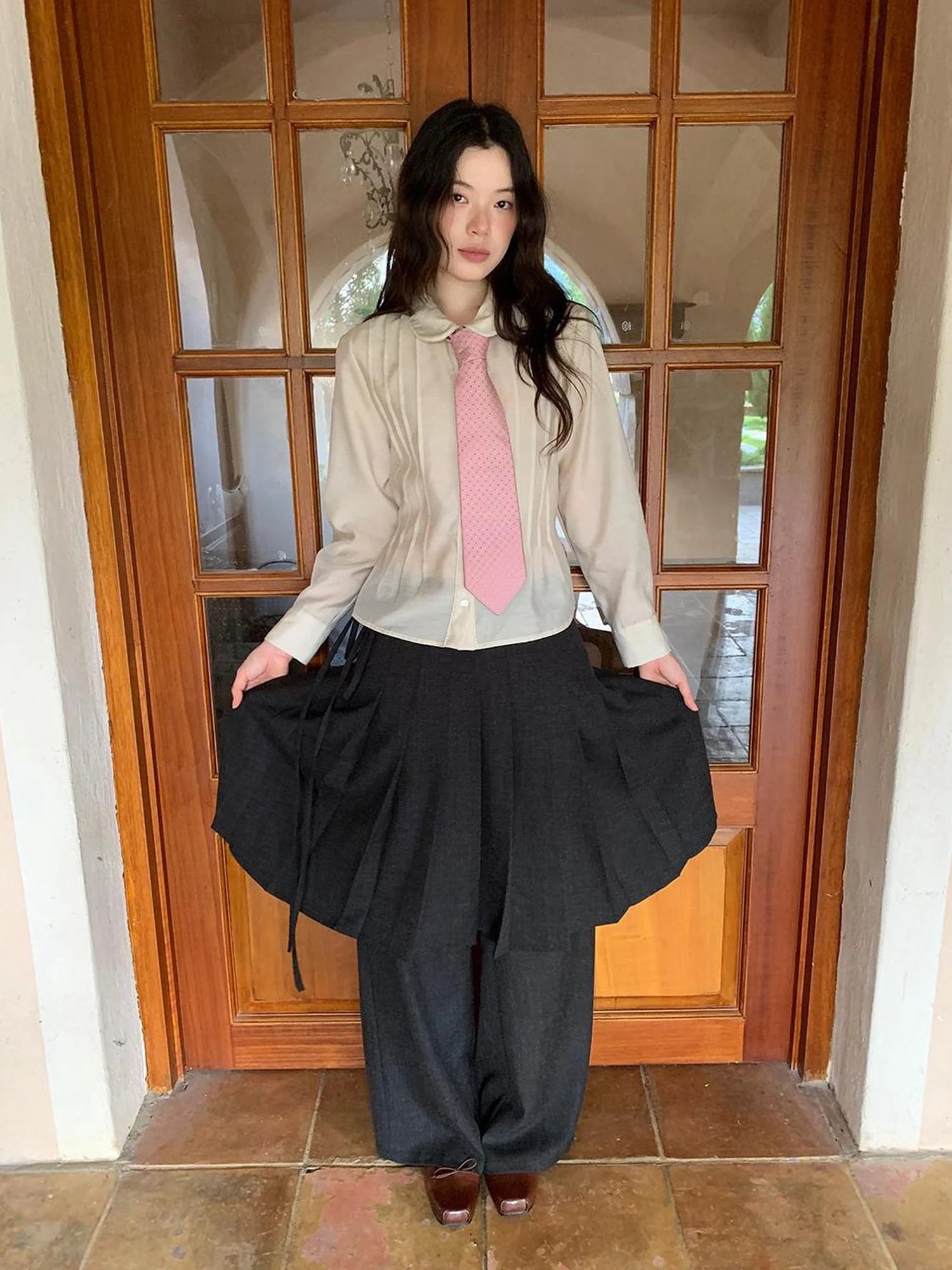 Textured Waist Defining Blouse With Peter Pan Collar