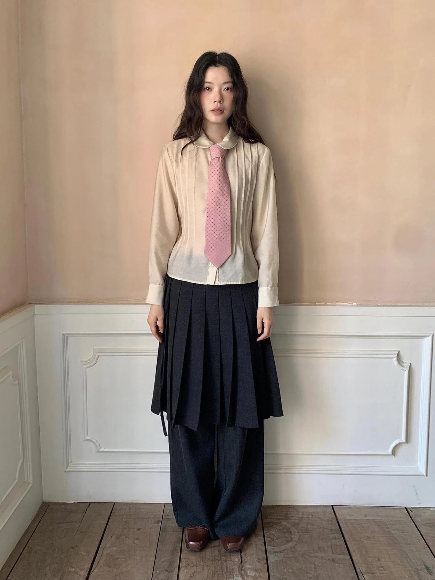 Textured Waist Defining Blouse With Peter Pan Collar