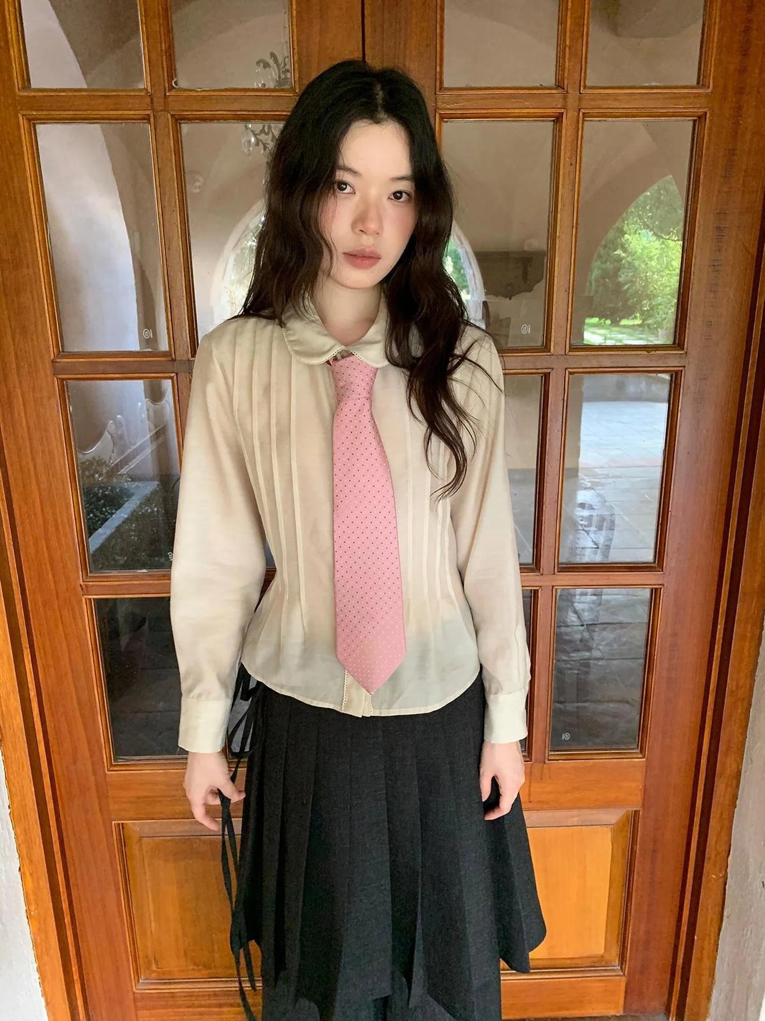 Textured Waist Defining Blouse With Peter Pan Collar