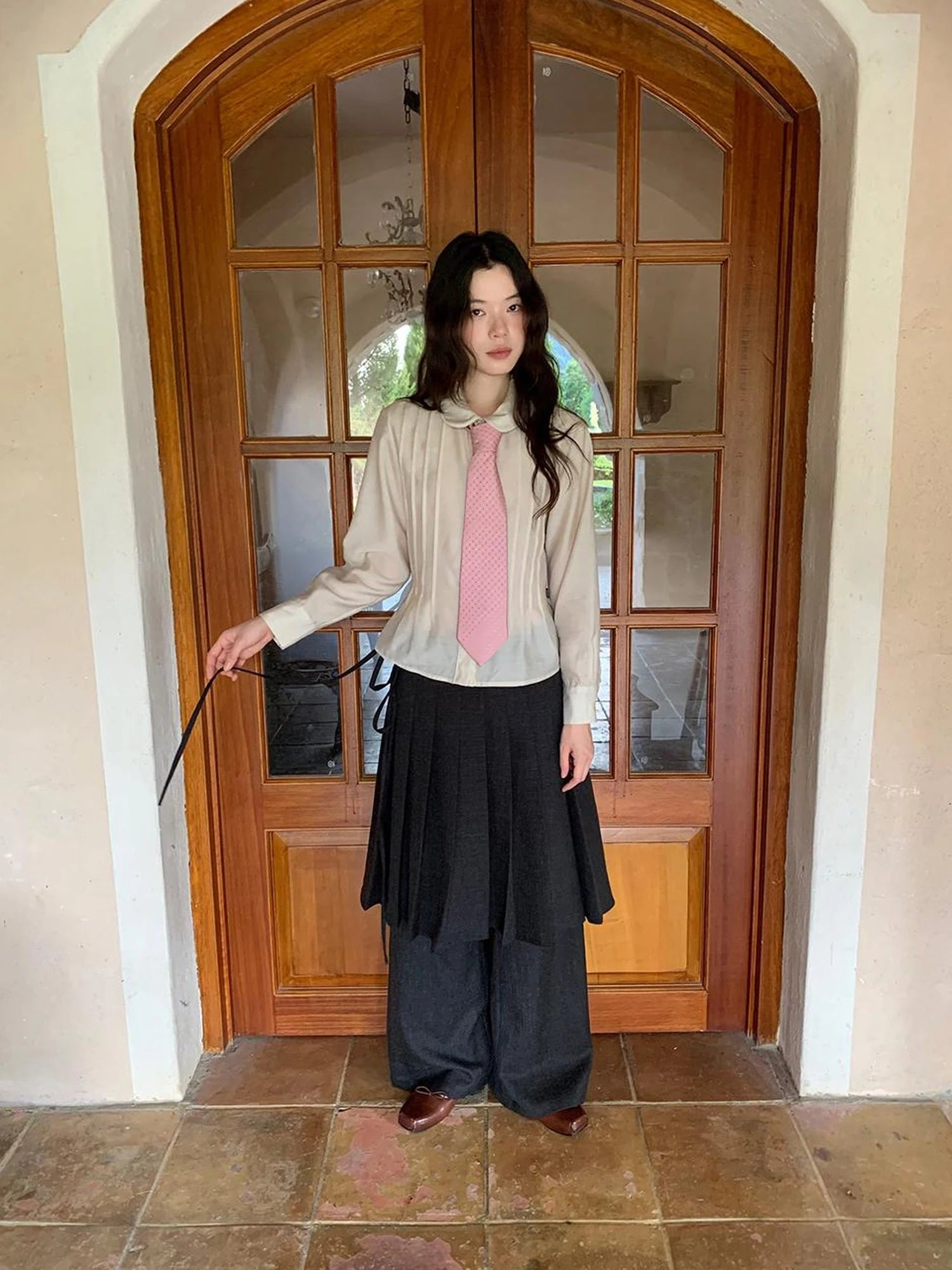 Textured Waist Defining Blouse With Peter Pan Collar