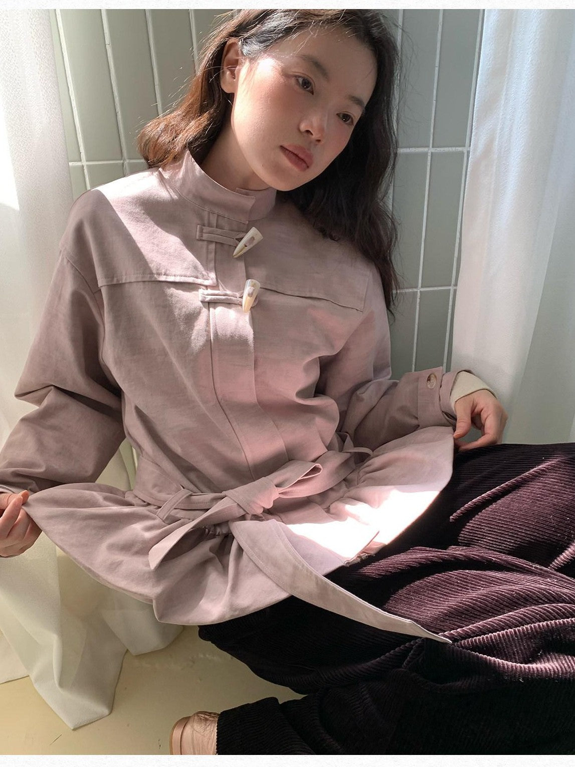 Dorydory Toggle Button Stand Collar Bubble Hem Tie Waist Short Women&