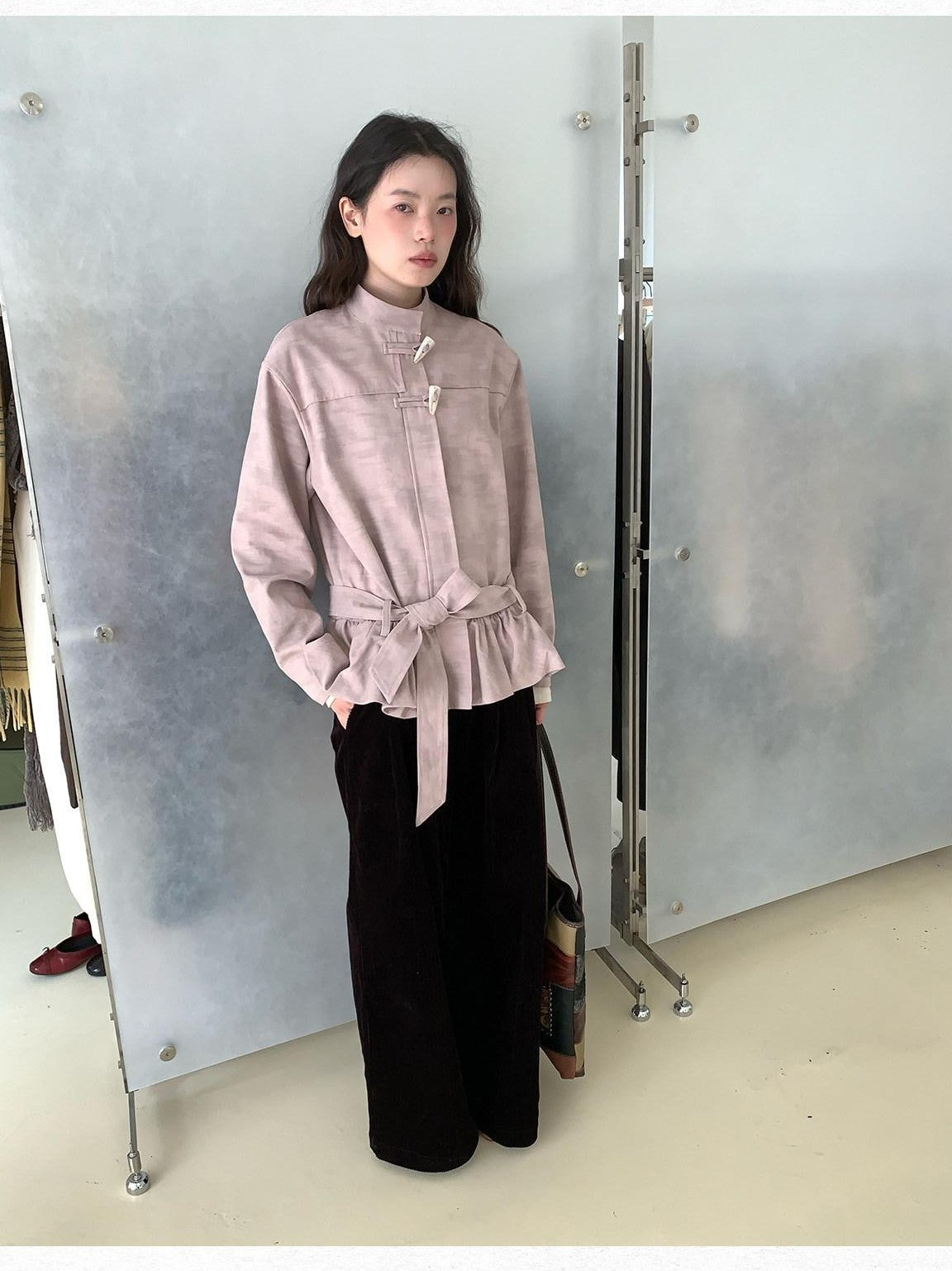 Dorydory Toggle Button Stand Collar Bubble Hem Tie Waist Short Women&