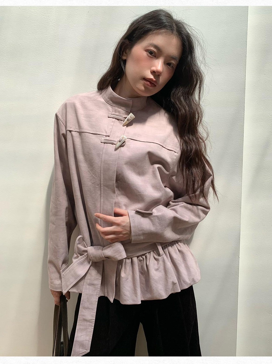 Dorydory Toggle Button Stand Collar Bubble Hem Tie Waist Short Women&
