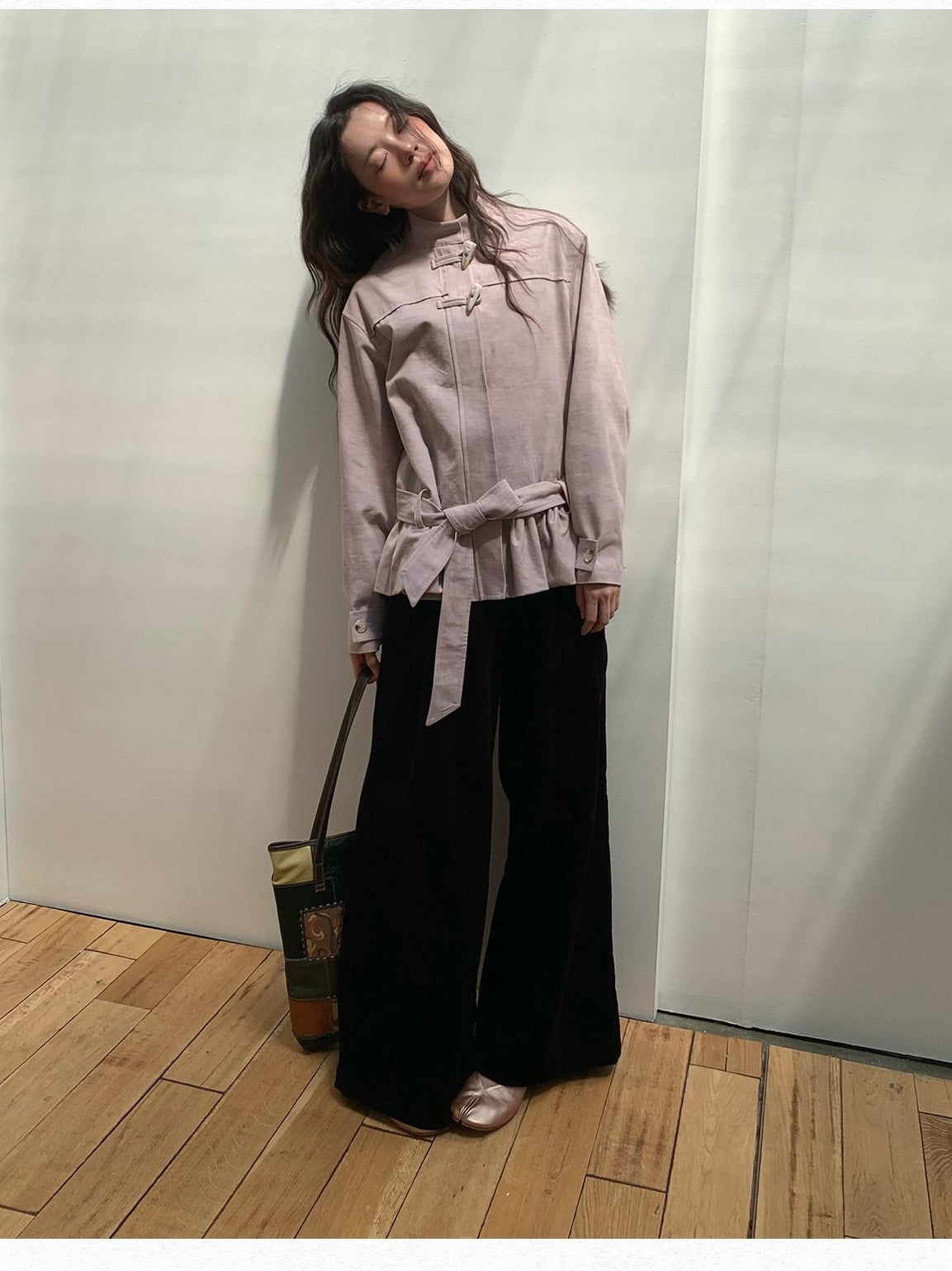 Dorydory Toggle Button Stand Collar Bubble Hem Tie Waist Short Women&