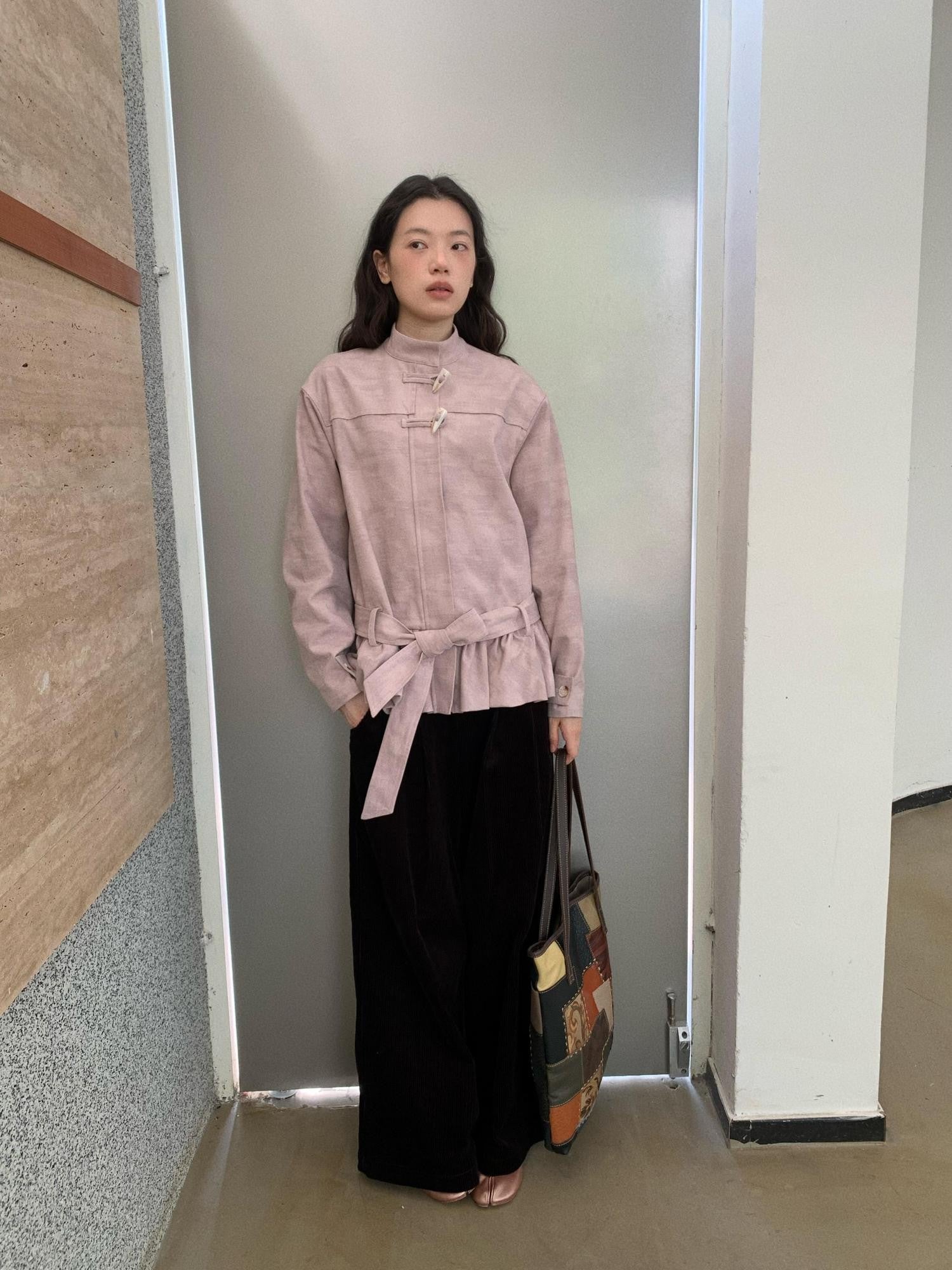 Dorydory Toggle Button Stand Collar Bubble Hem Tie Waist Short Women&
