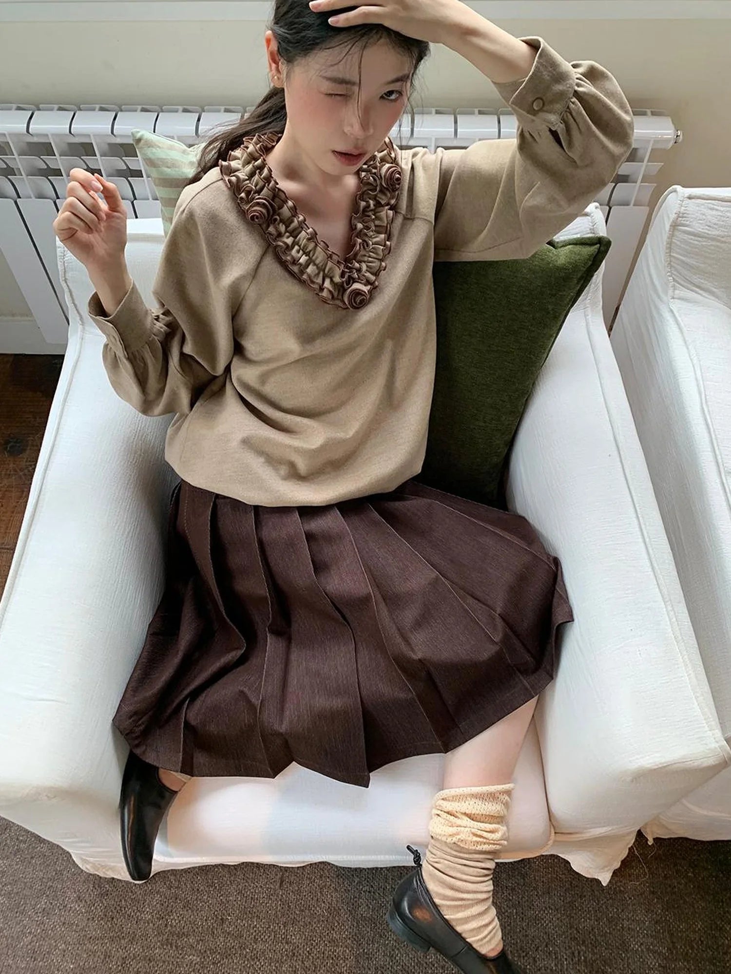 V-Neck Floral Embroidered Ruffle Blouse With Contrast Trim