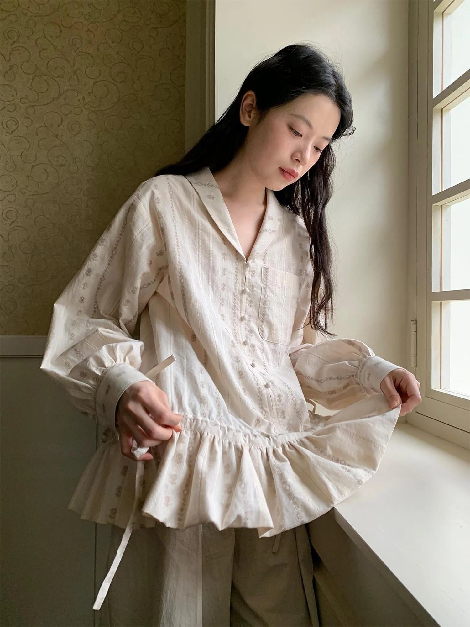 V-Neck Floral Jacquard Bow Blouse