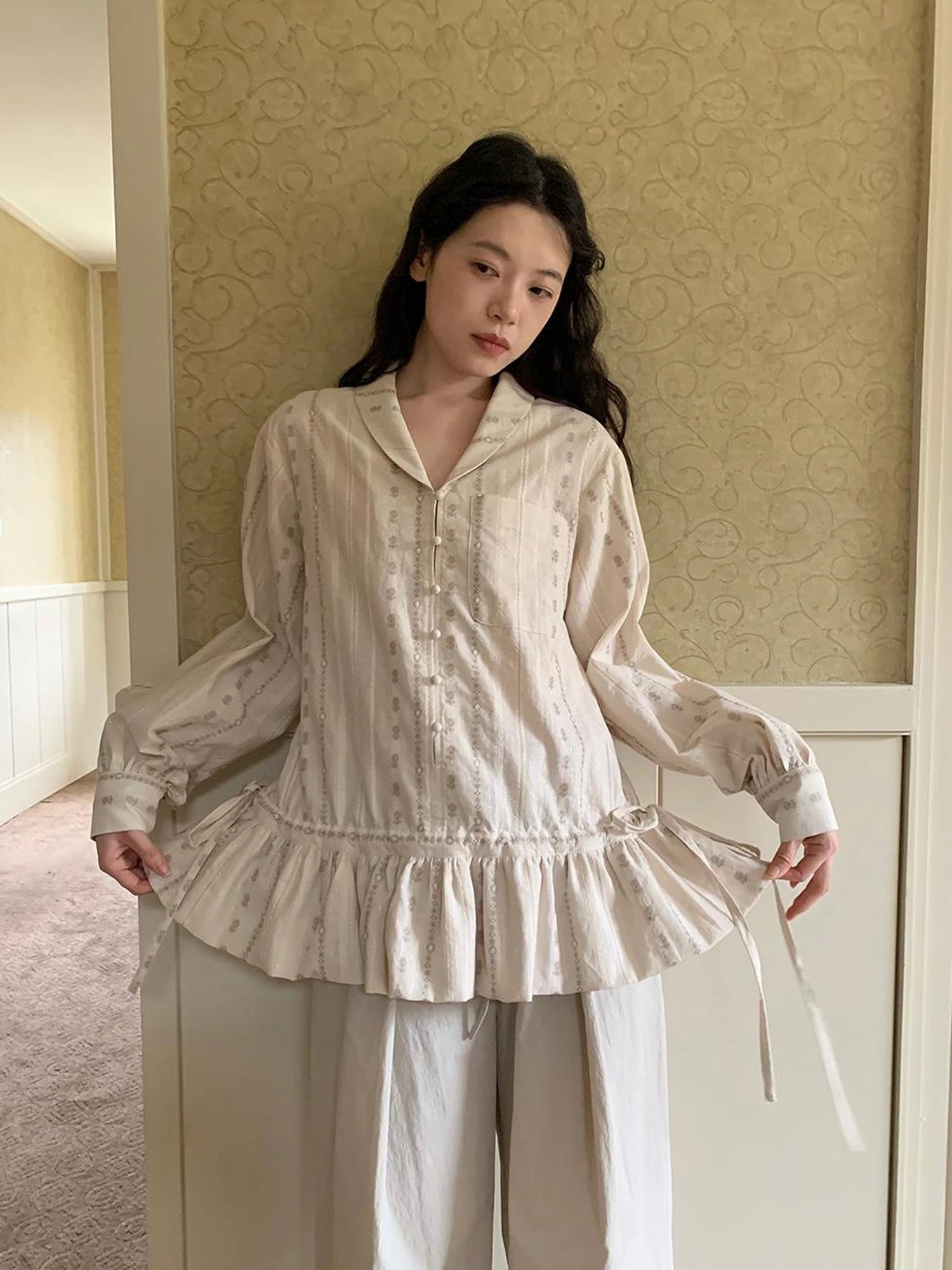 V-Neck Floral Jacquard Bow Blouse