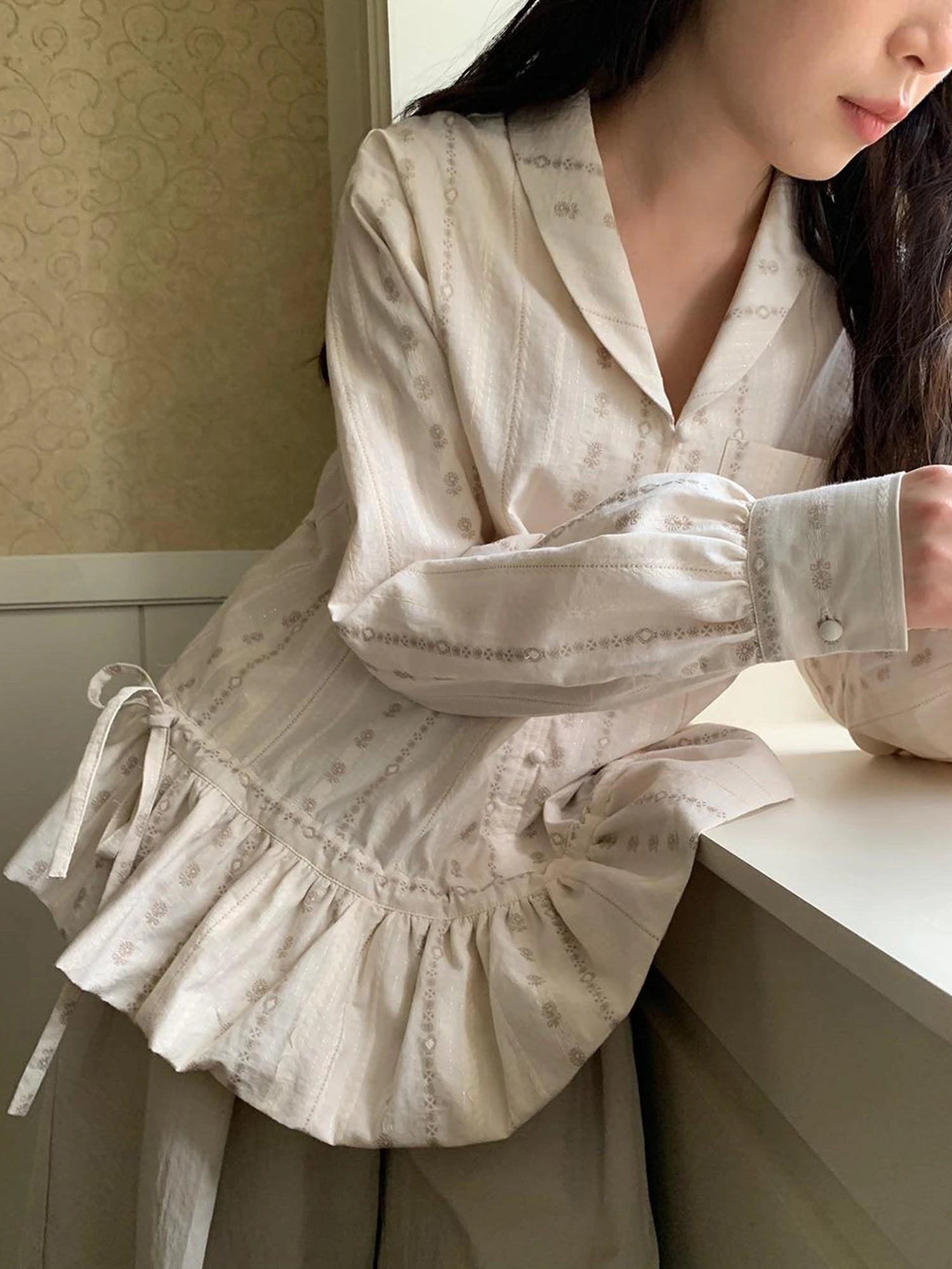 V-Neck Floral Jacquard Bow Blouse