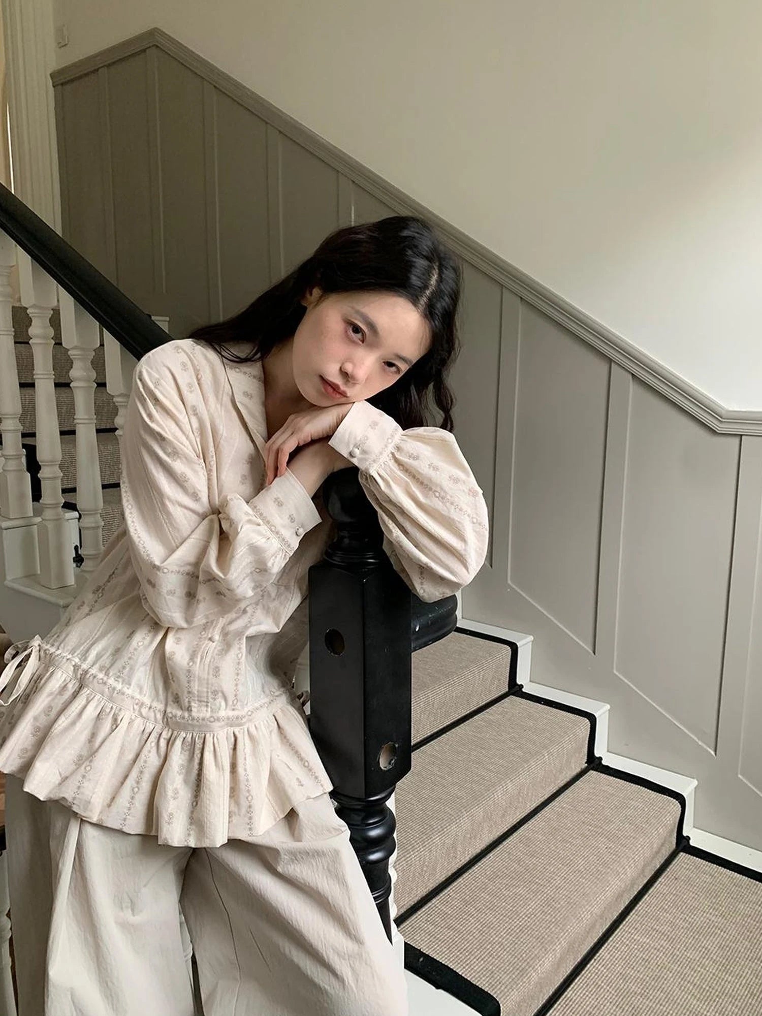 V-Neck Floral Jacquard Bow Blouse