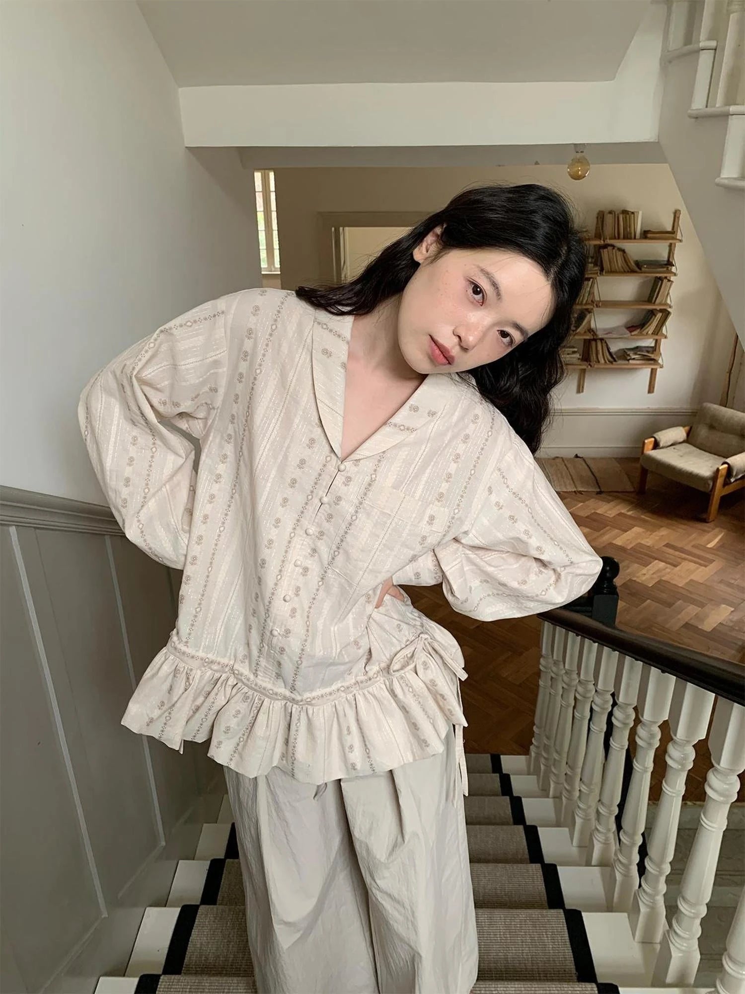 V-Neck Floral Jacquard Bow Blouse