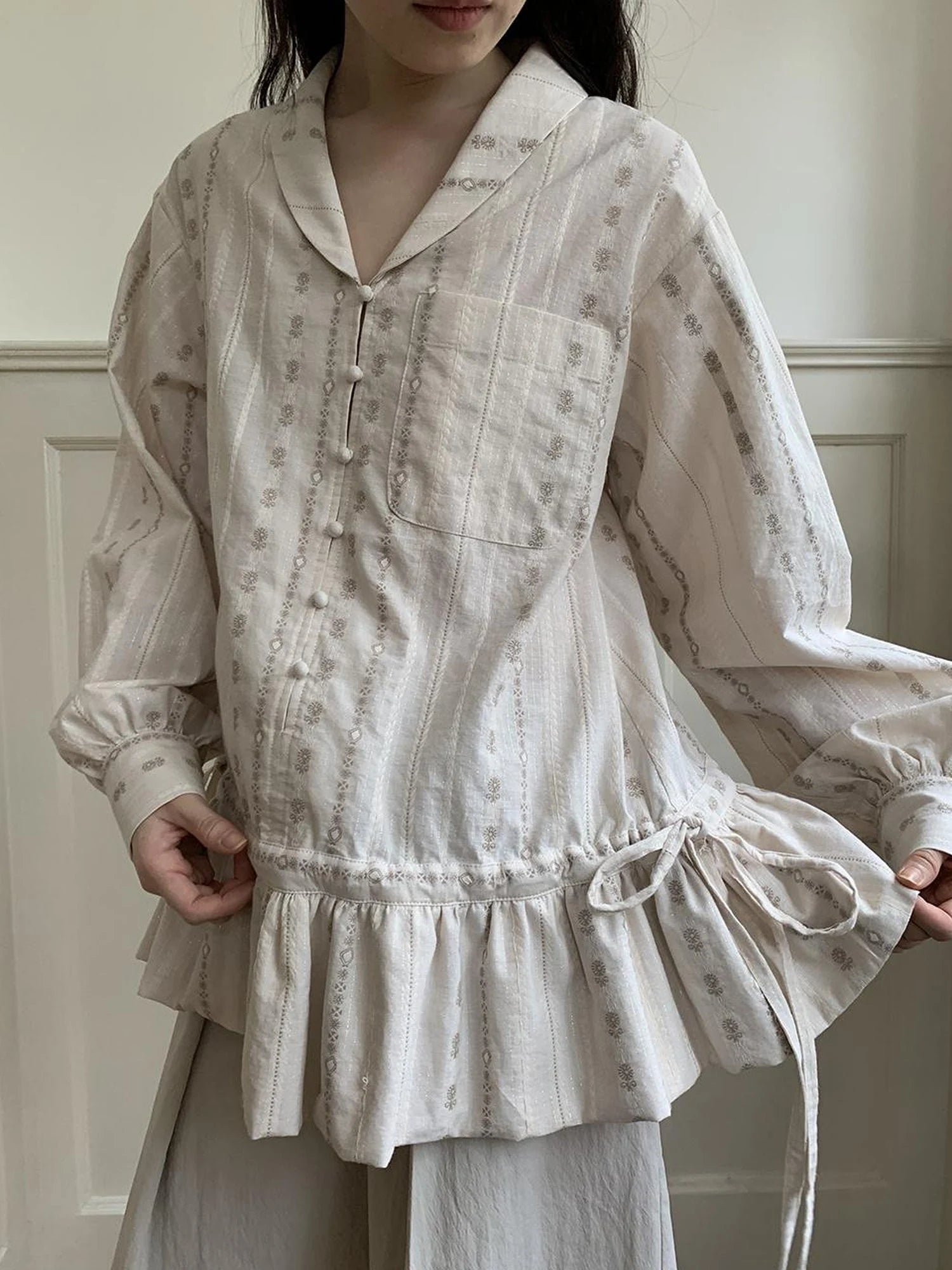 V-Neck Floral Jacquard Bow Blouse