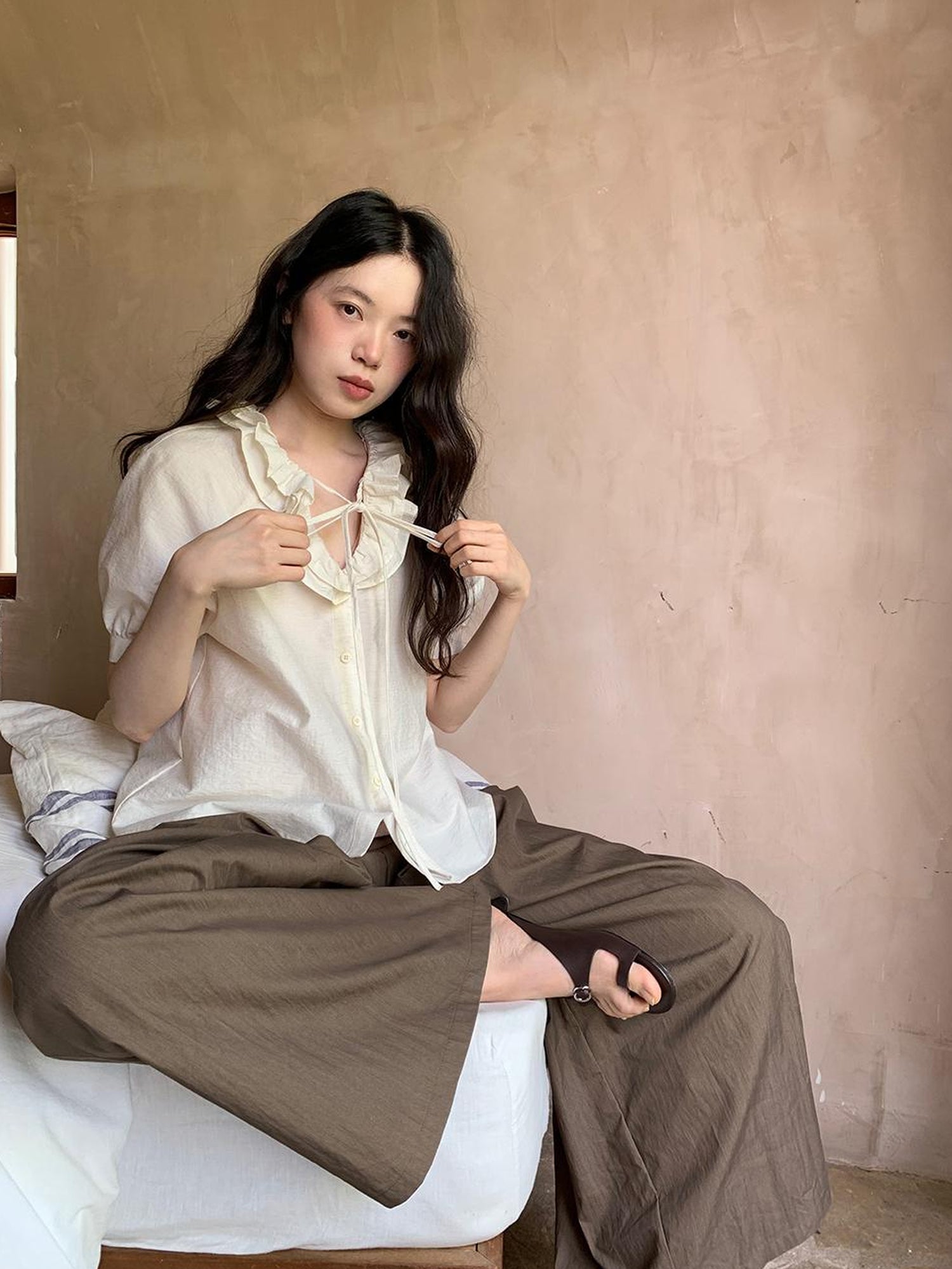 Dorydory V-Neck Short Sleeve Shirt with Lace-Up Detail and Raglan Sleeves