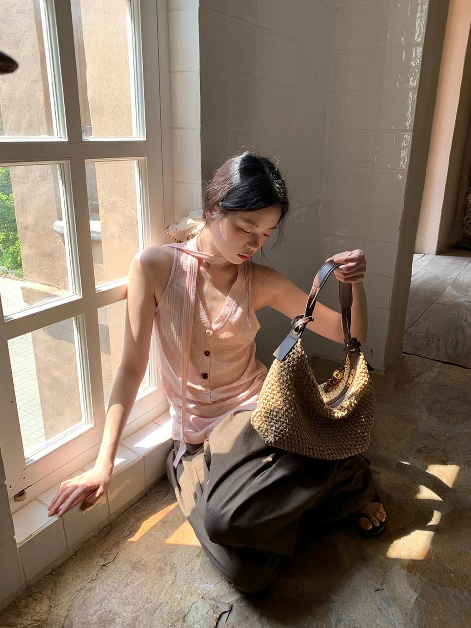 V-Neck Striped Textured Camisole Top