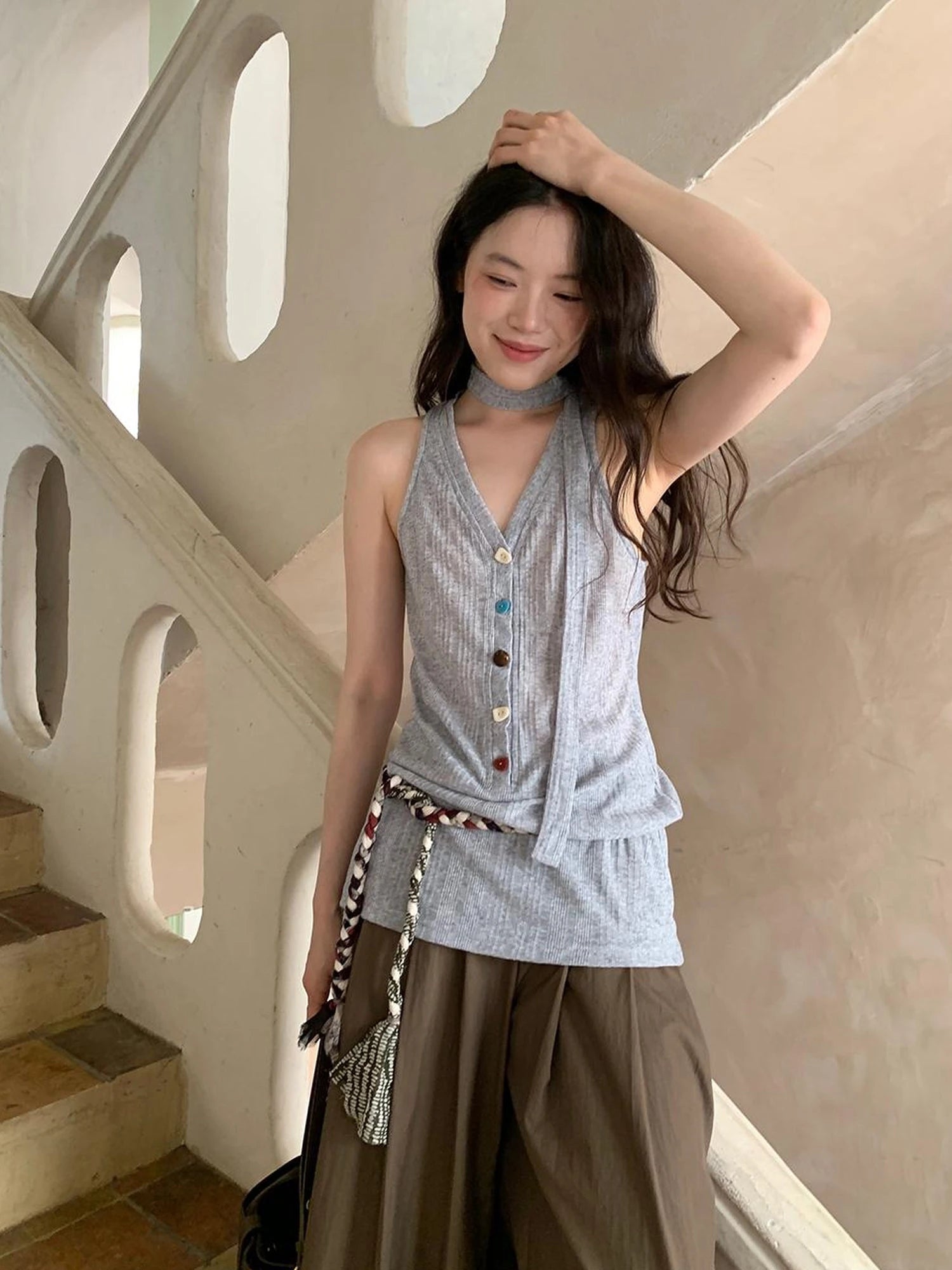 V-Neck Striped Textured Camisole Top