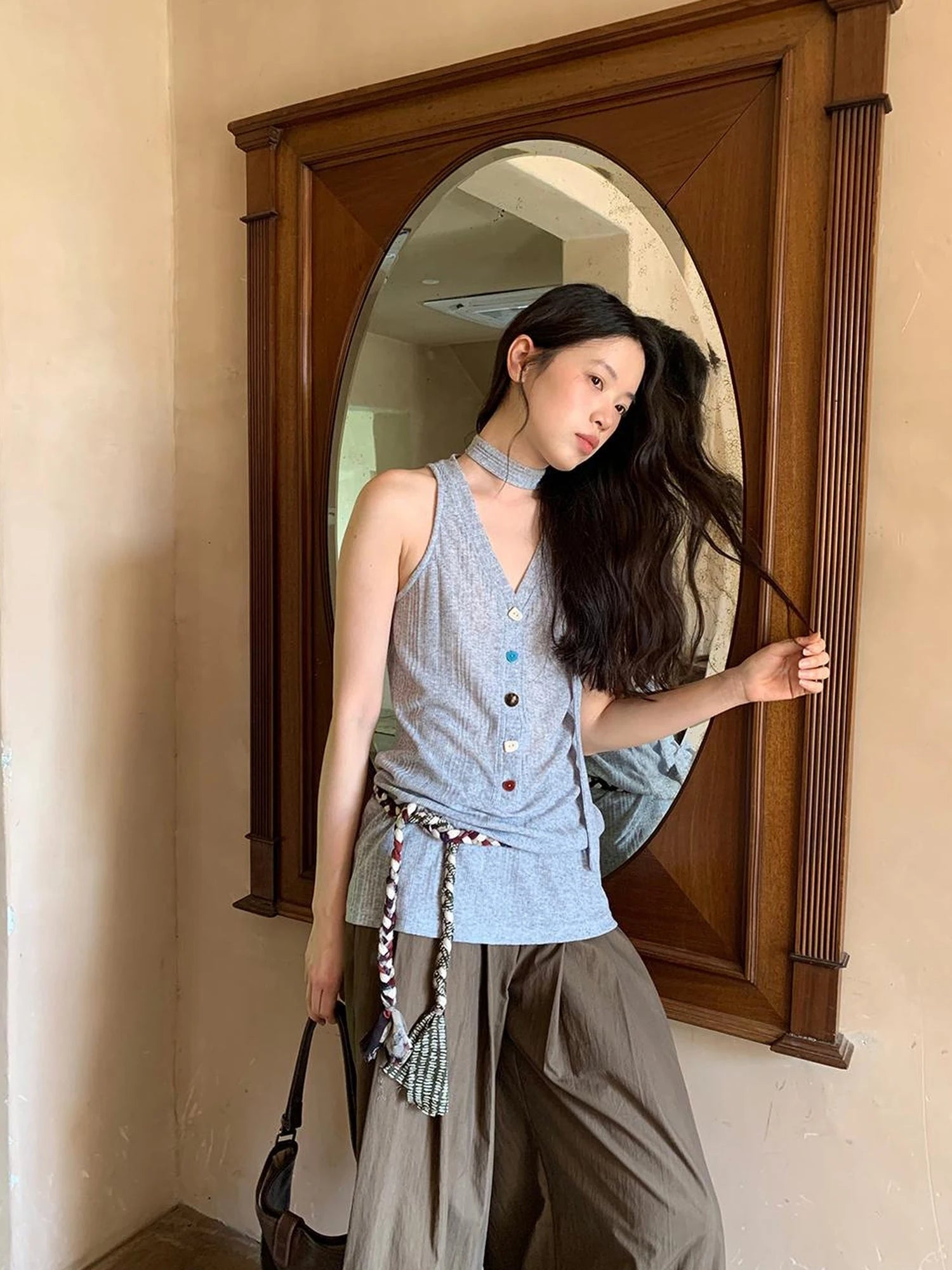 V-Neck Striped Textured Camisole Top