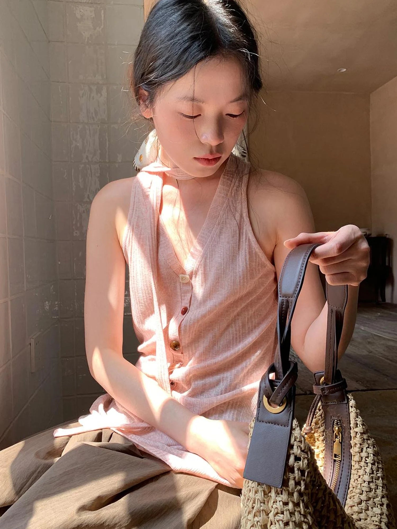 V-Neck Striped Textured Camisole Top