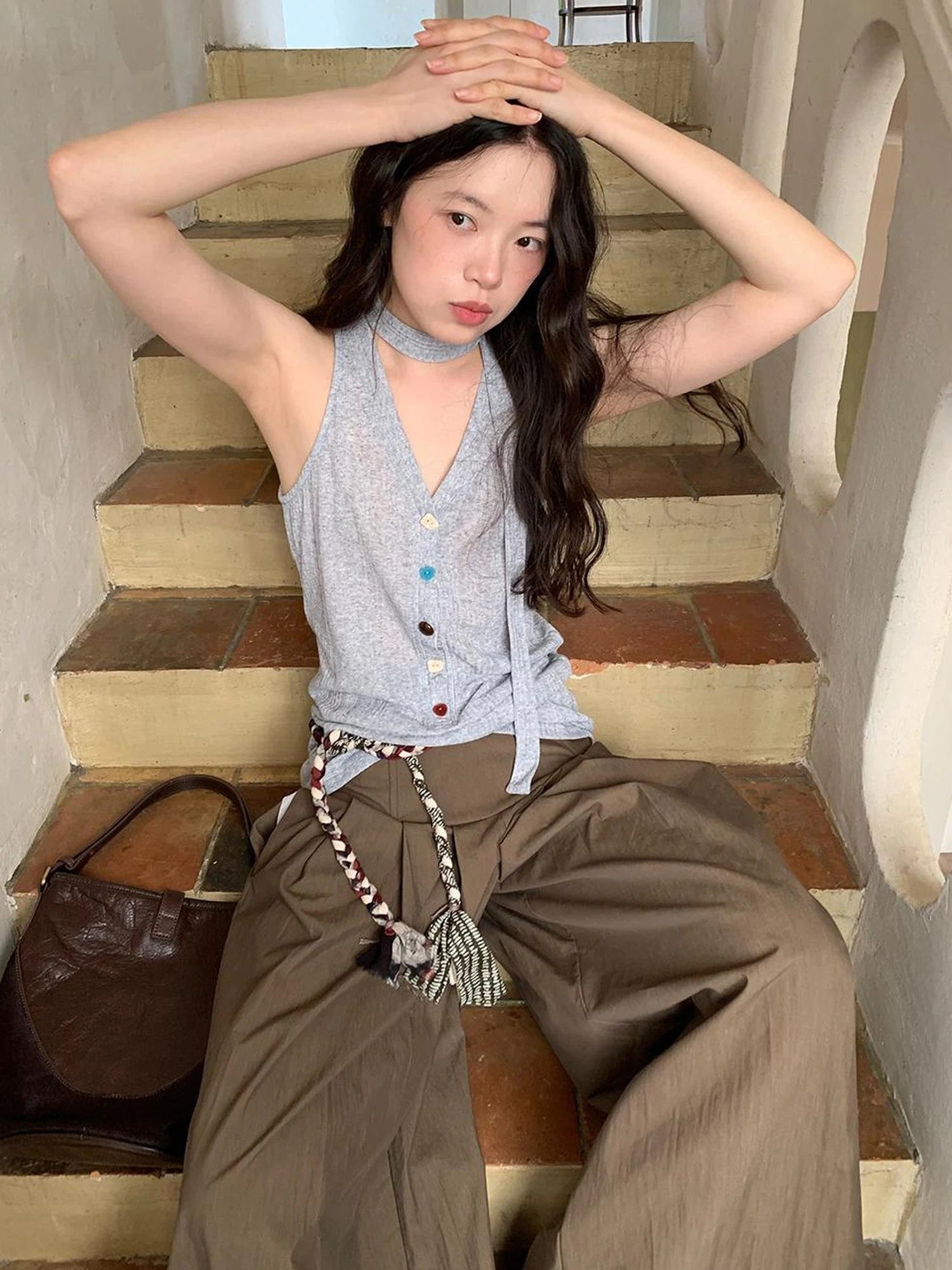 V-Neck Striped Textured Camisole Top