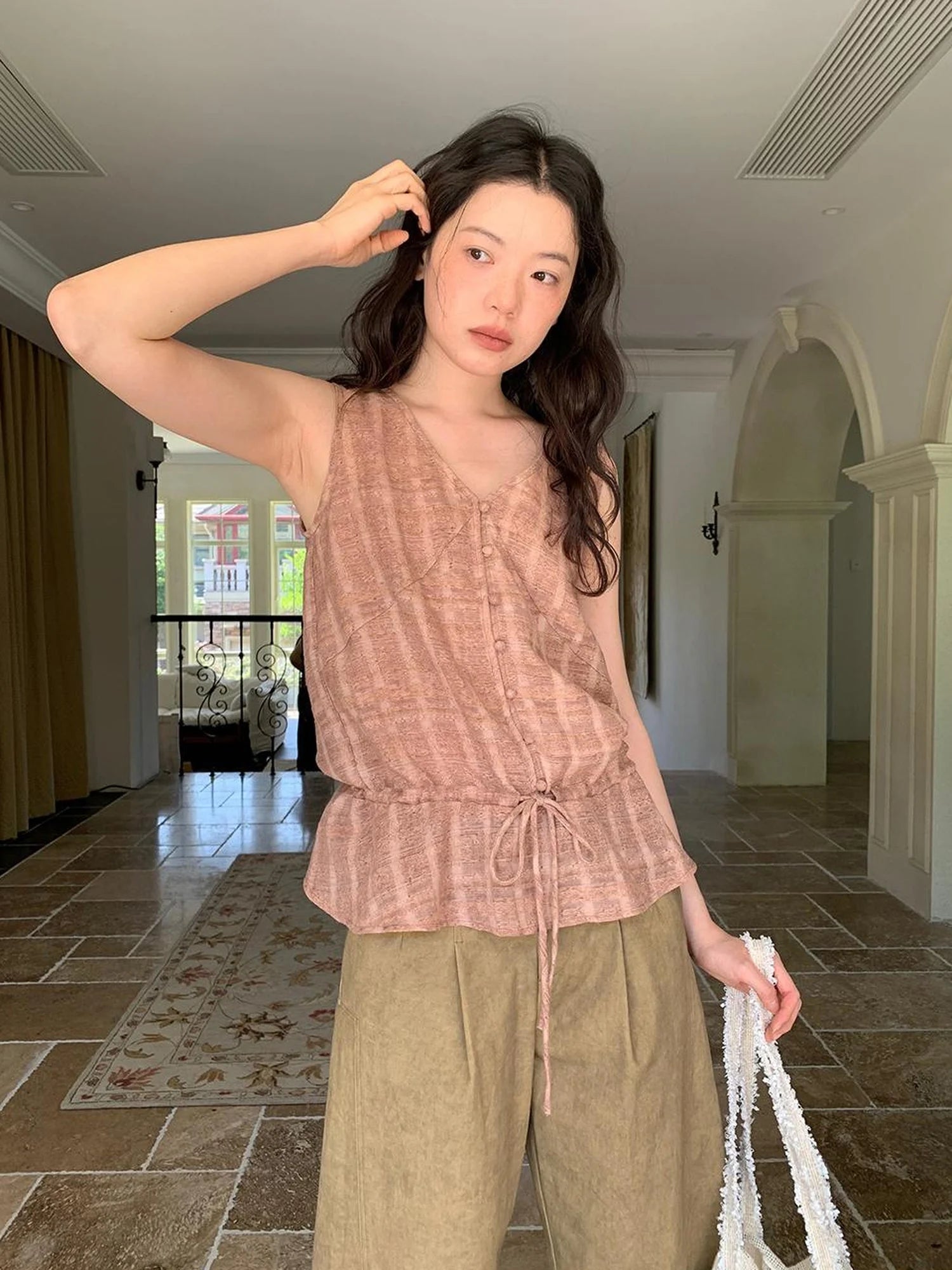 V-neck Checkered Faded Vest With Drawstring Hem