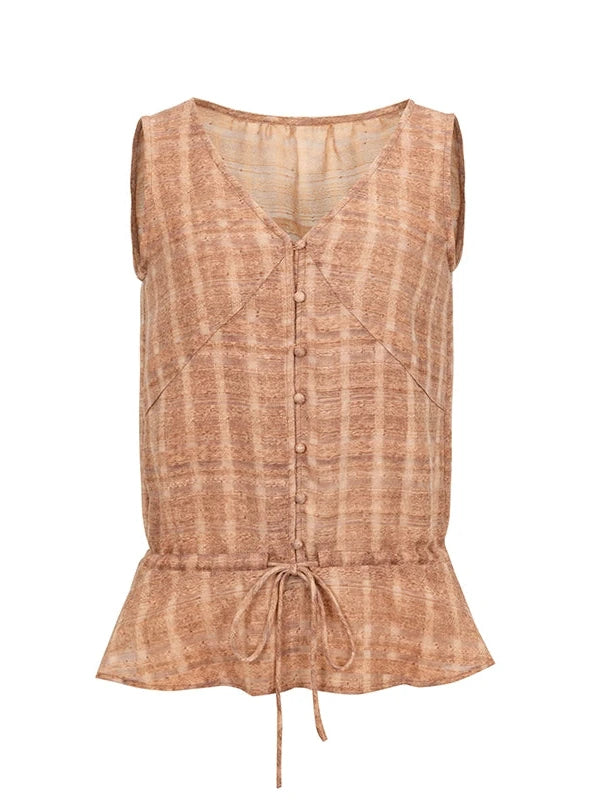 V-neck Checkered Faded Vest With Drawstring Hem