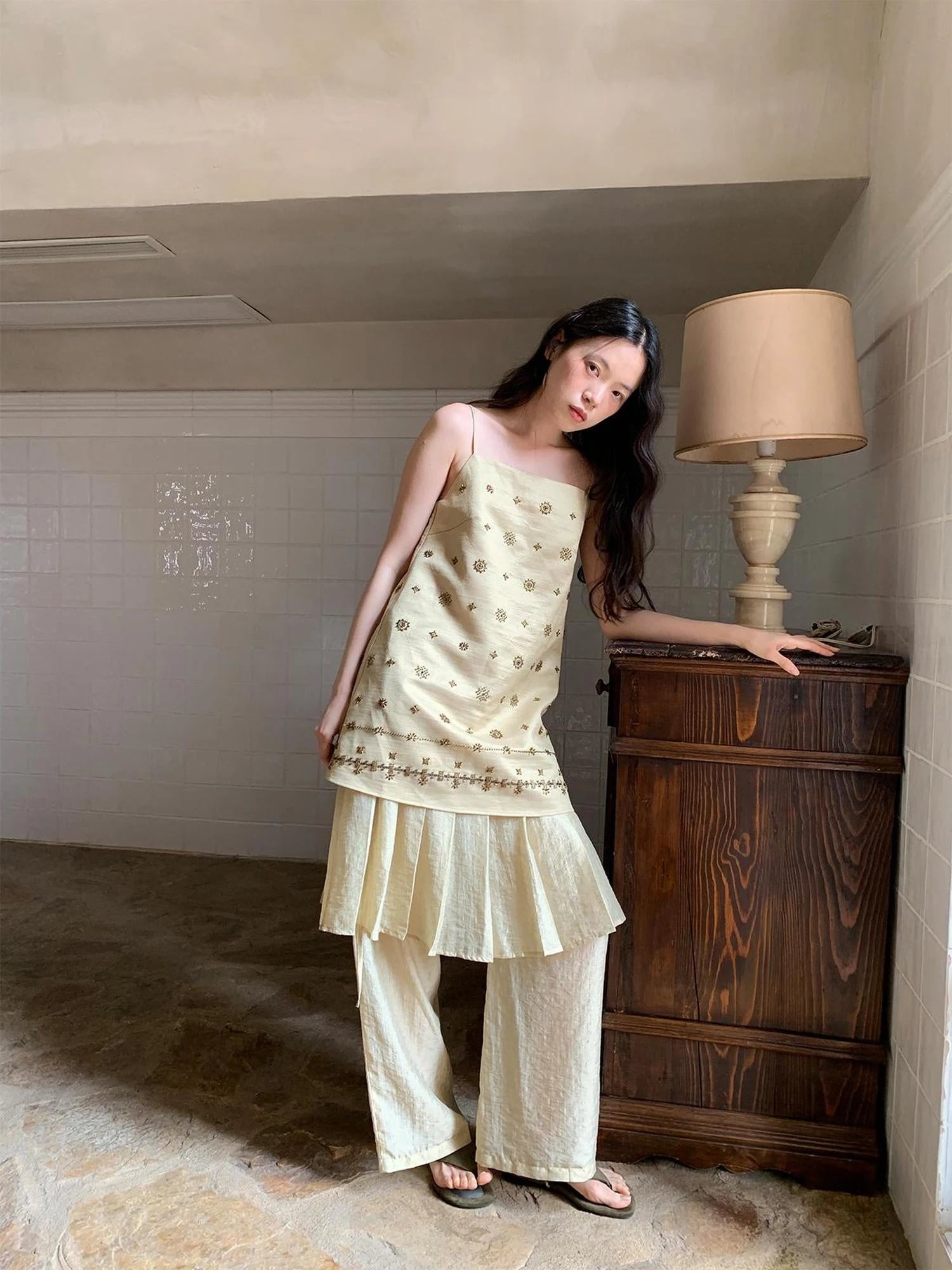 Vintage Beaded One Shoulder Midi Dress V-neck Beach Holiday