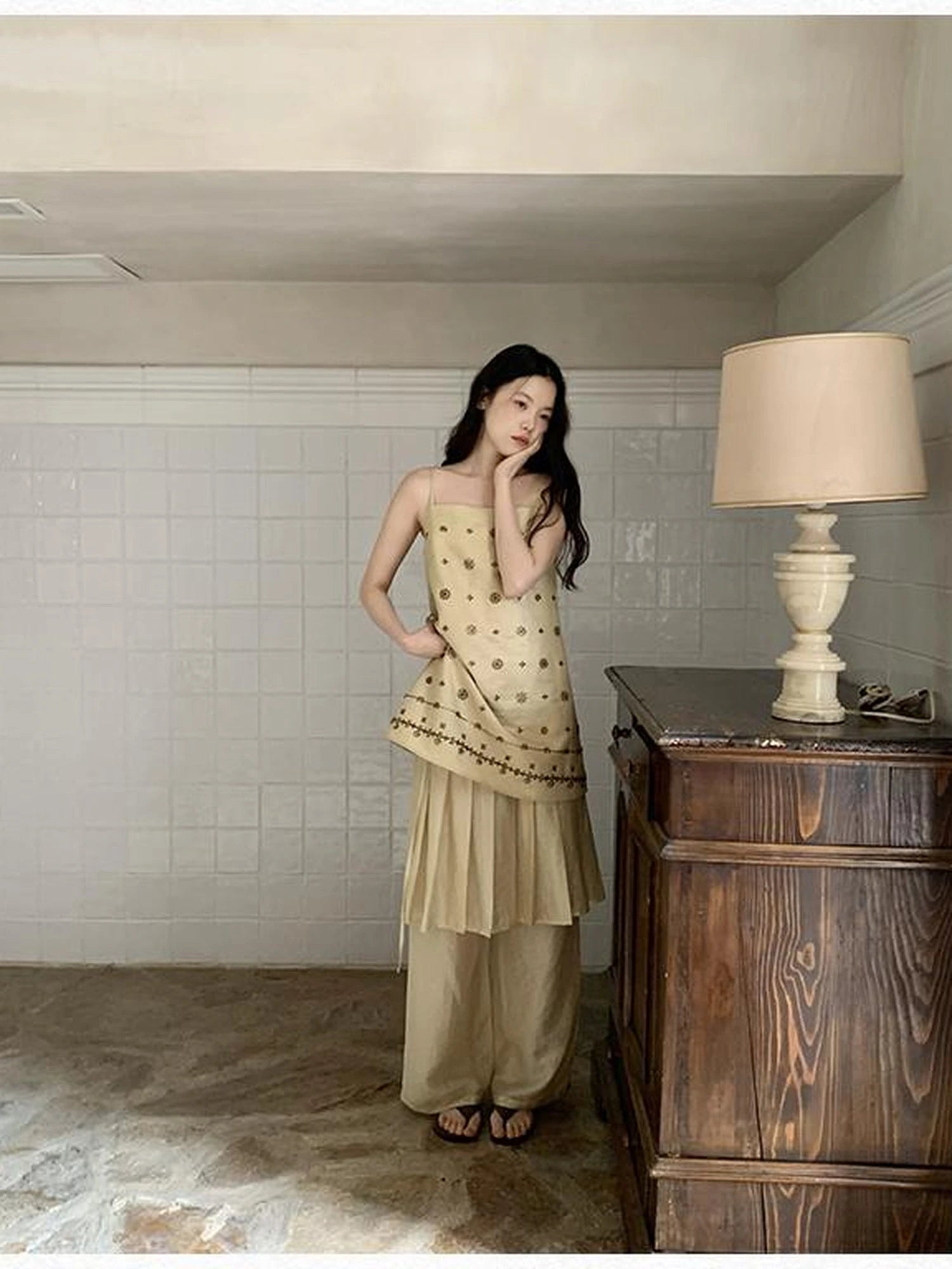 Vintage Beaded One Shoulder Midi Dress V-neck Beach Holiday