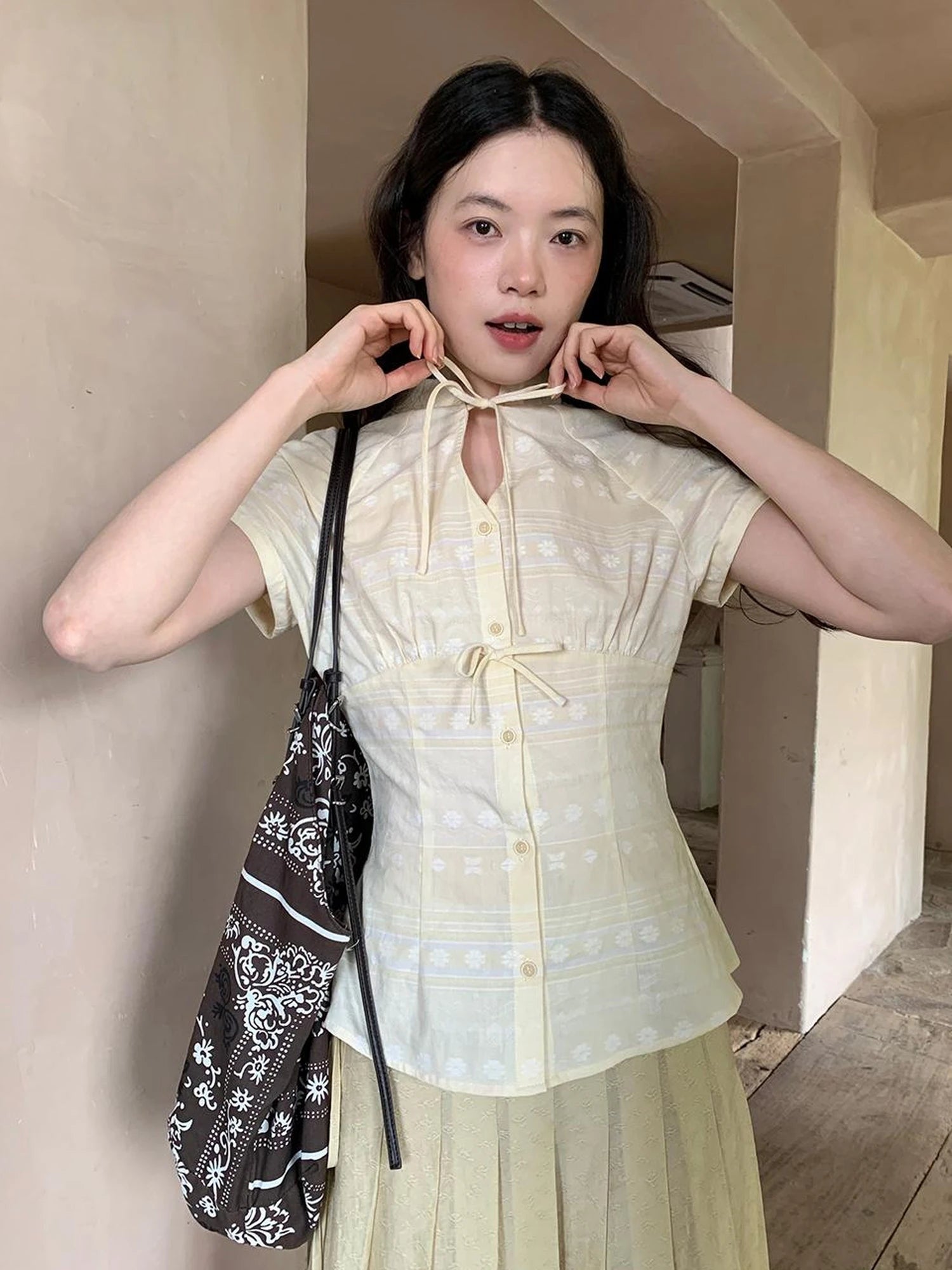 Vintage Bow Tie Front Cotton Blouse