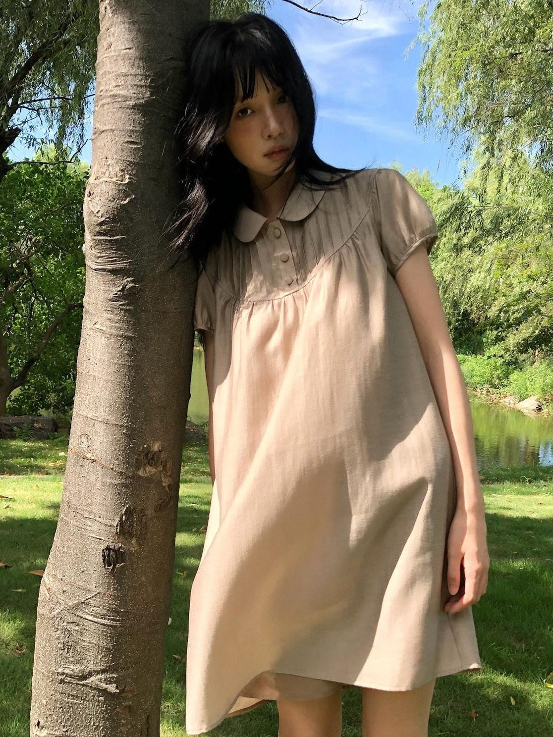 Dorydory Vintage Doll Collar Puff Sleeve Shirtdress Women&