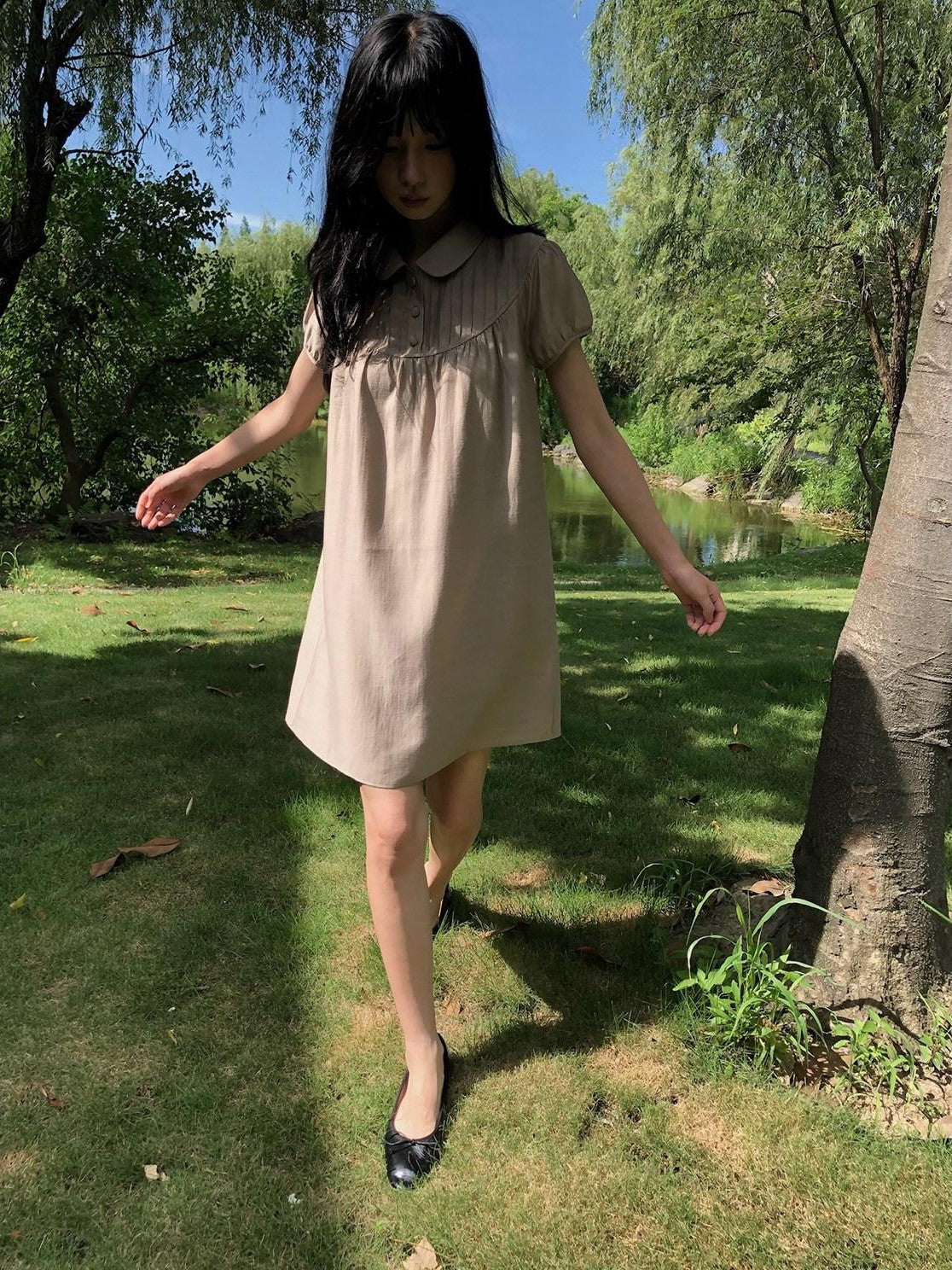 Dorydory Vintage Doll Collar Puff Sleeve Shirtdress Women&