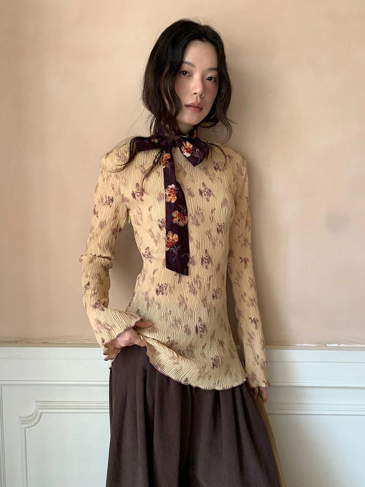 Vintage Floral Print Textured Blouse