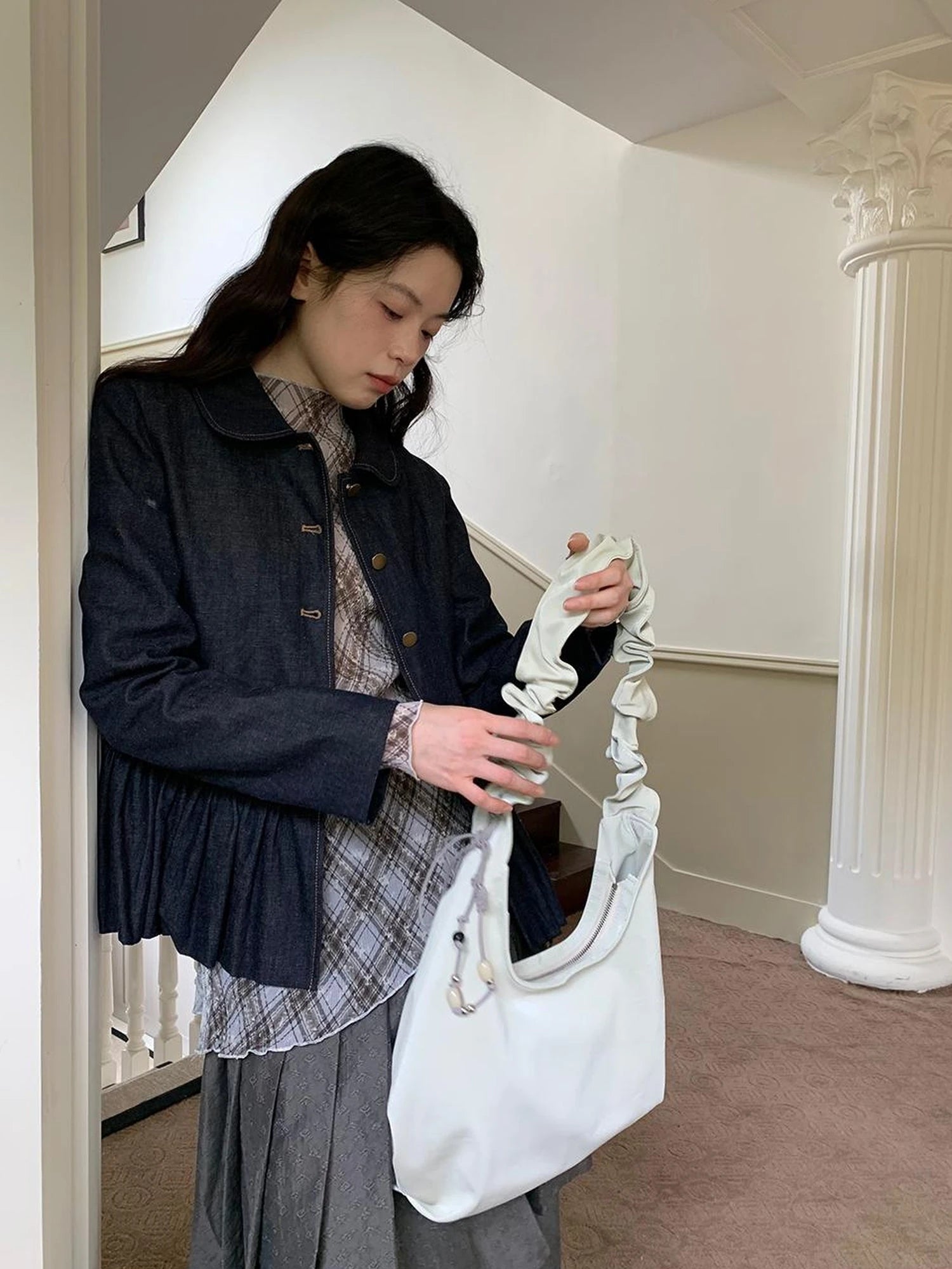 Vintage Indigo Washed Denim Jacket With Floral Collar